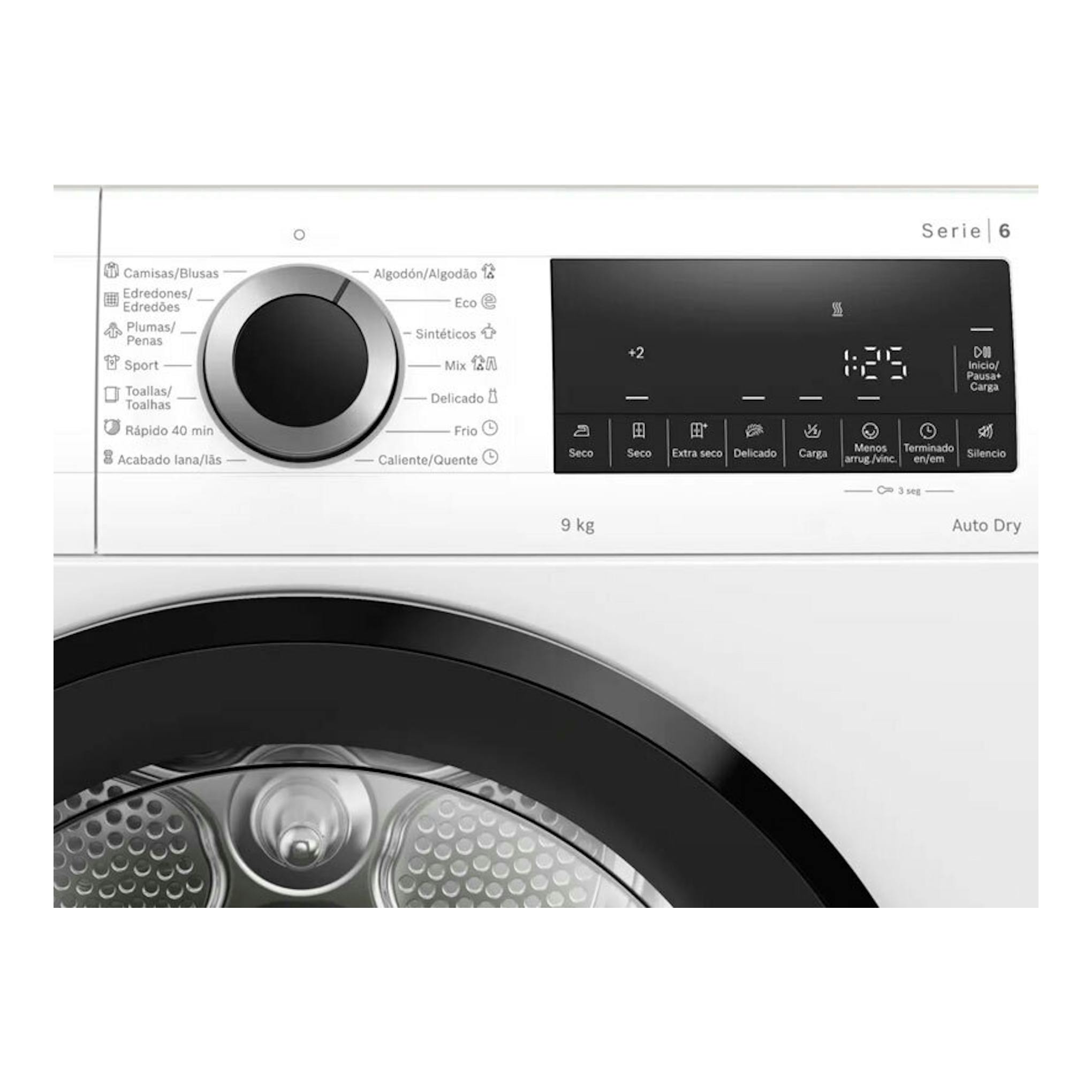 Secadora Bosch Serie 6 WQG24200ES blanca, vista frontal parcial con panel digital y selector giratorio.