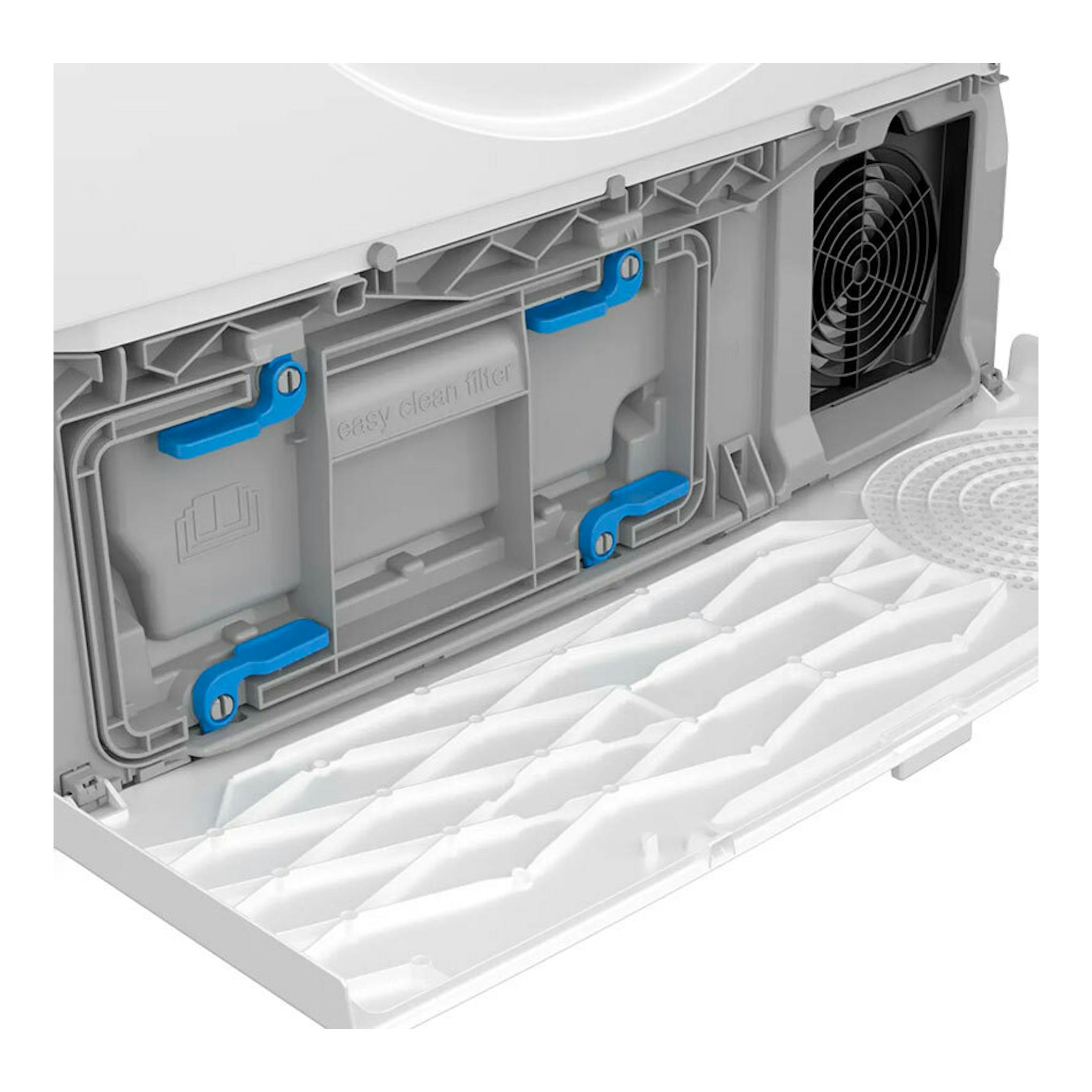Bosch WQG24200ES, panel inferior abierto de una secadora blanca, con filtro Easy Clean y ventilador visibles.