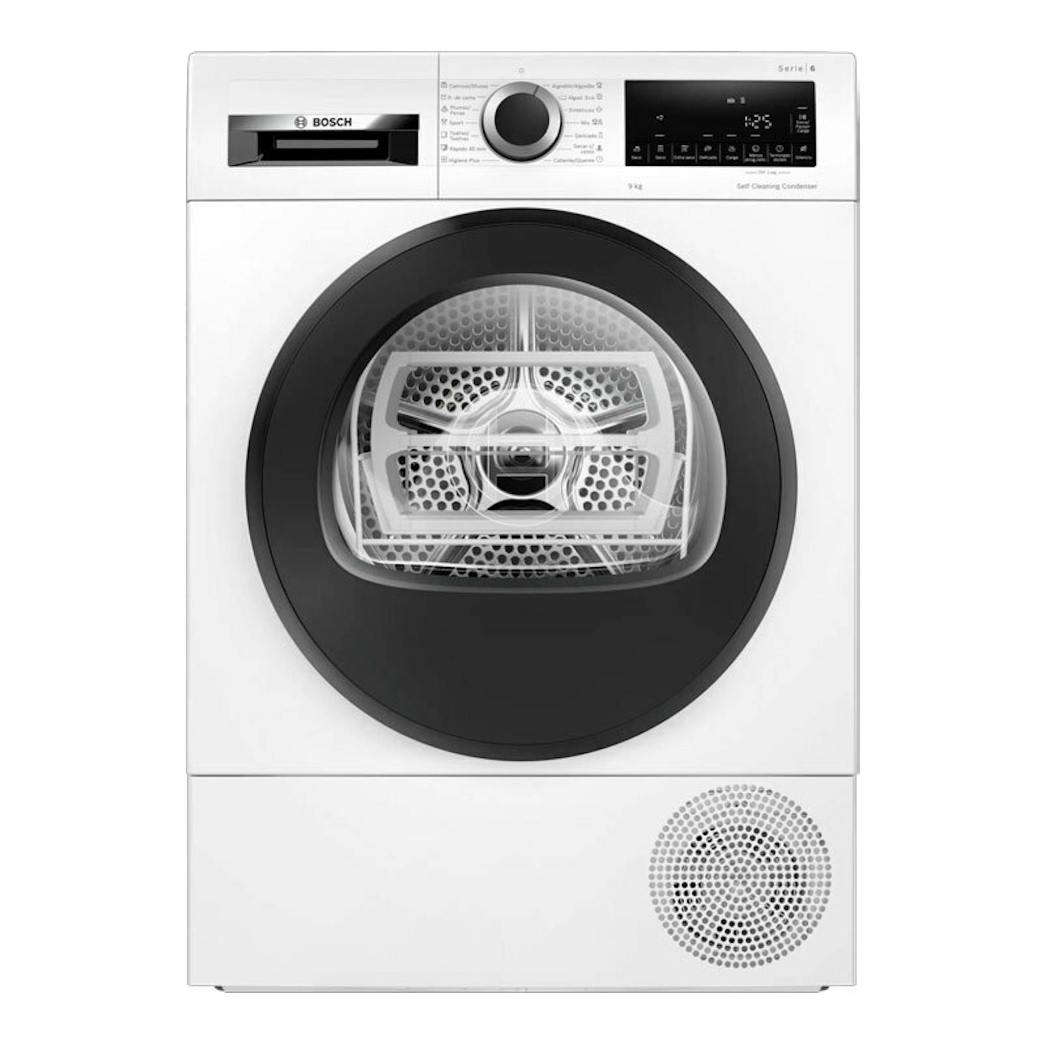Secadora Bosch Serie 6 WQG245D0ES blanca, vista frontal, con puerta negra circular y panel digital.