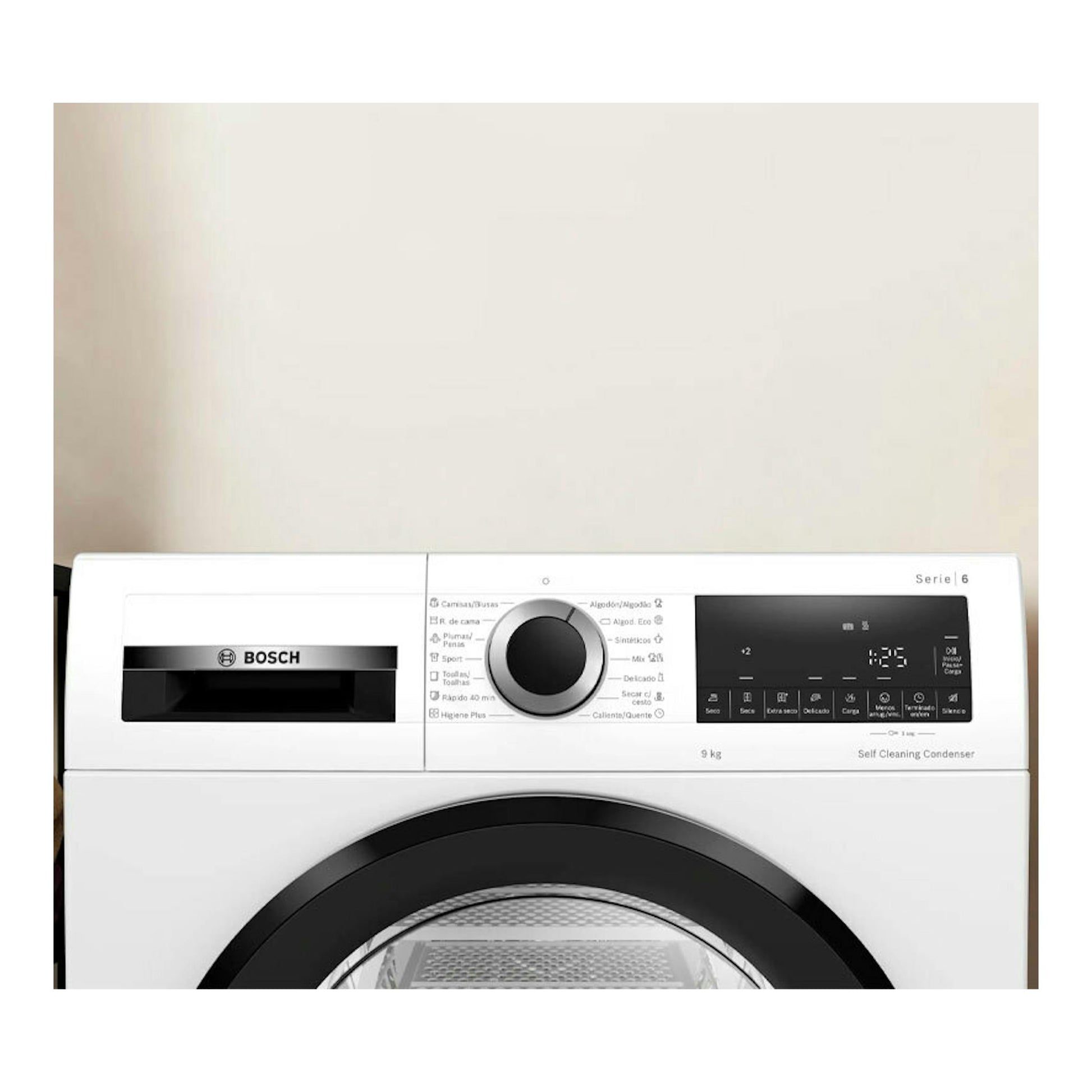 Secadora Bosch WQG245D0ES blanca, vista frontal, con puerta negra circular y panel digital superior.