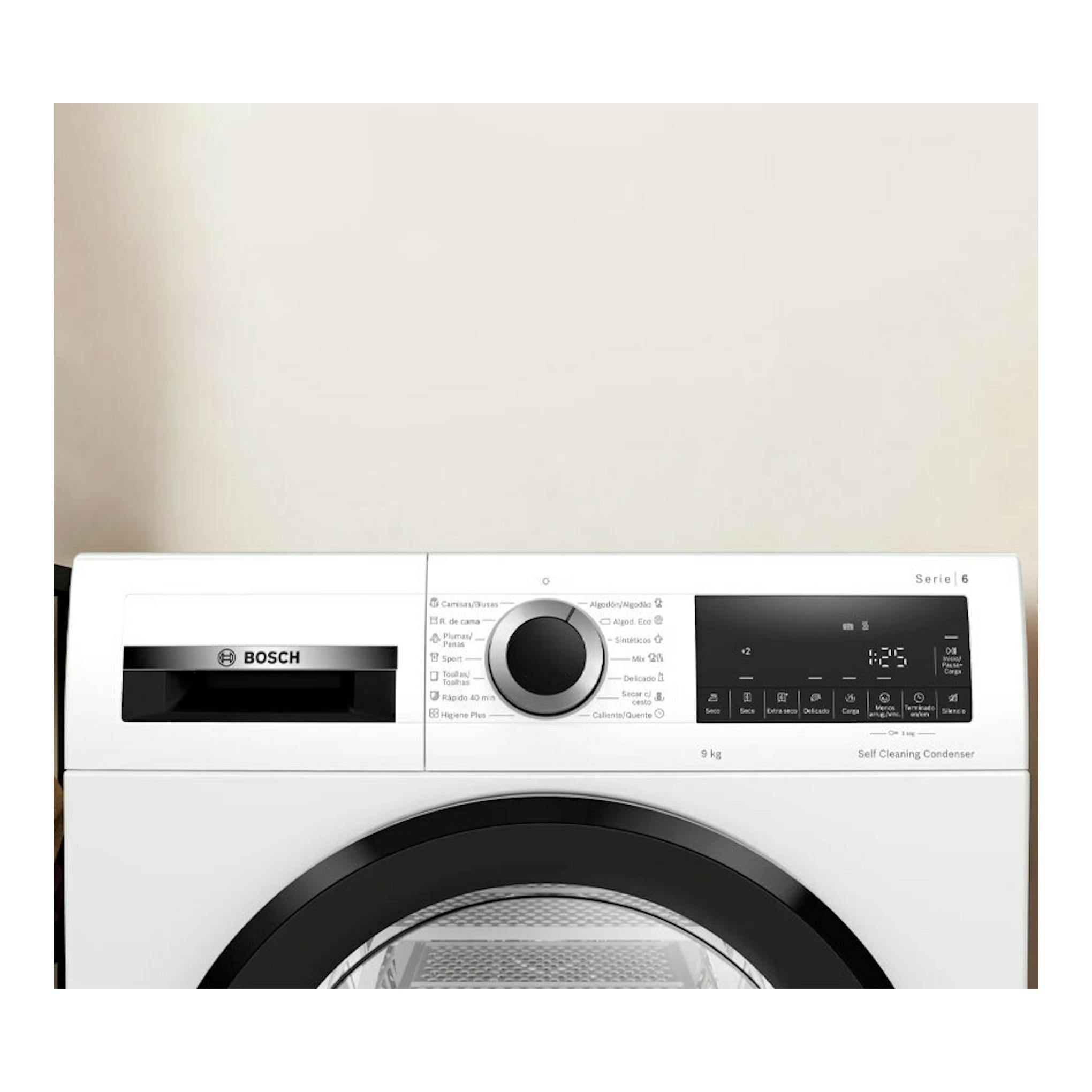Secadora Bosch WQG245D0ES blanca, vista frontal, con puerta negra circular y panel digital superior.