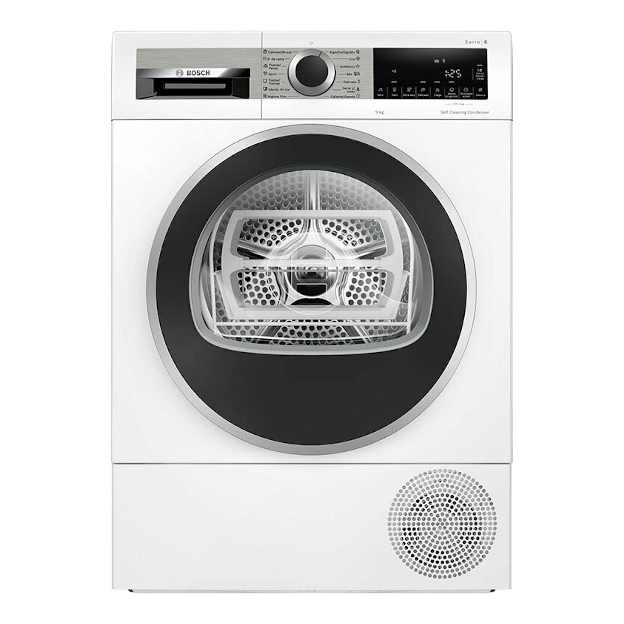 Secadora Bosch WQG245D1ES blanca, vista frontal, con puerta circular negra y panel de control superior.