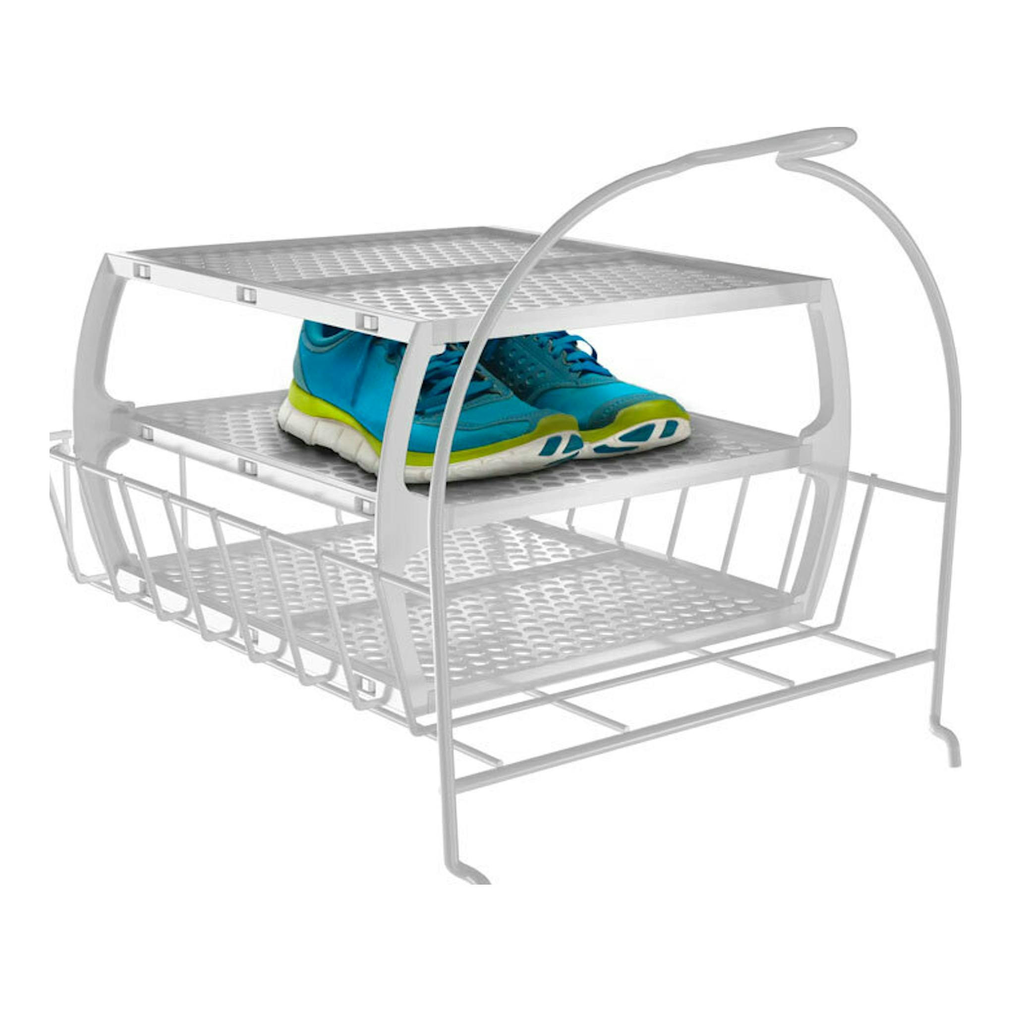 Accesorio para secadora: estante metálico para calzado con zapatillas azules, vista en ángulo.