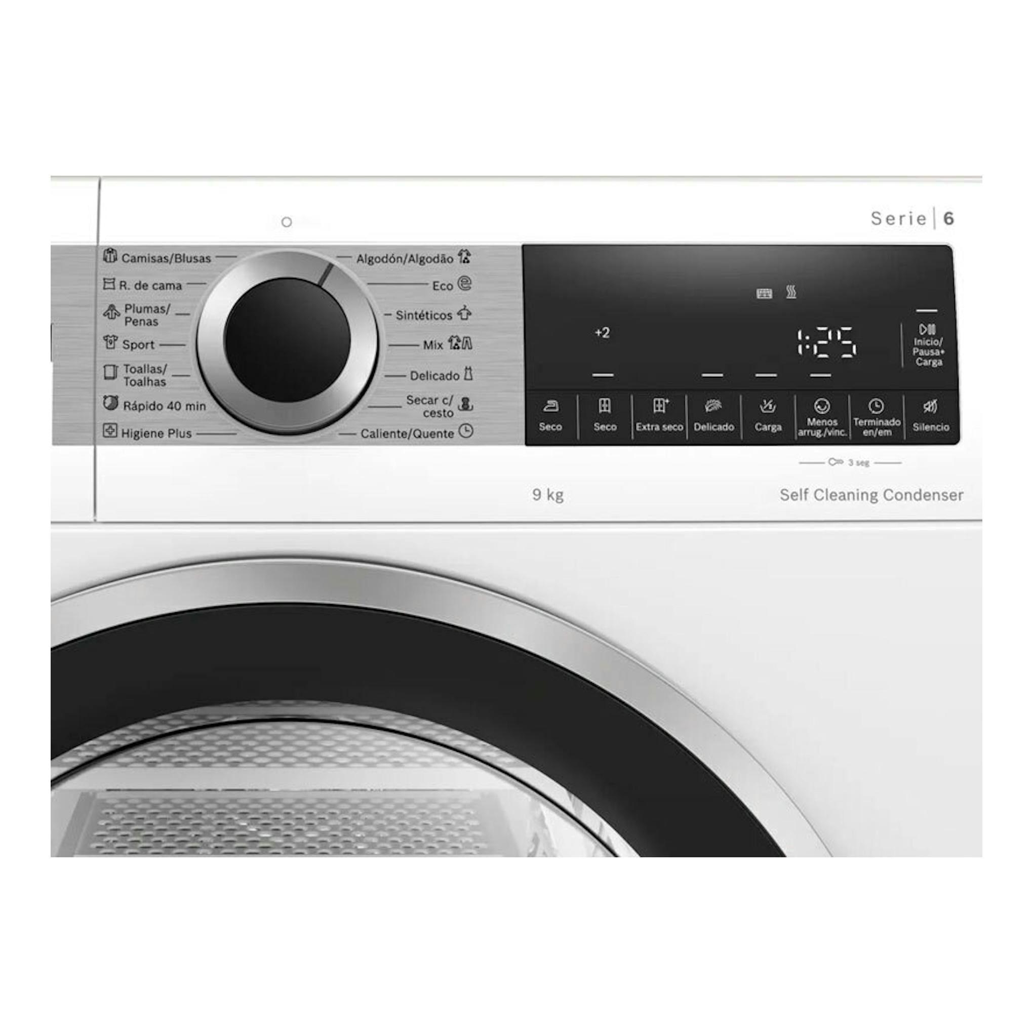 Secadora Bosch WQG245D1ES Serie 6 blanca, vista frontal, panel negro, 9 kg.