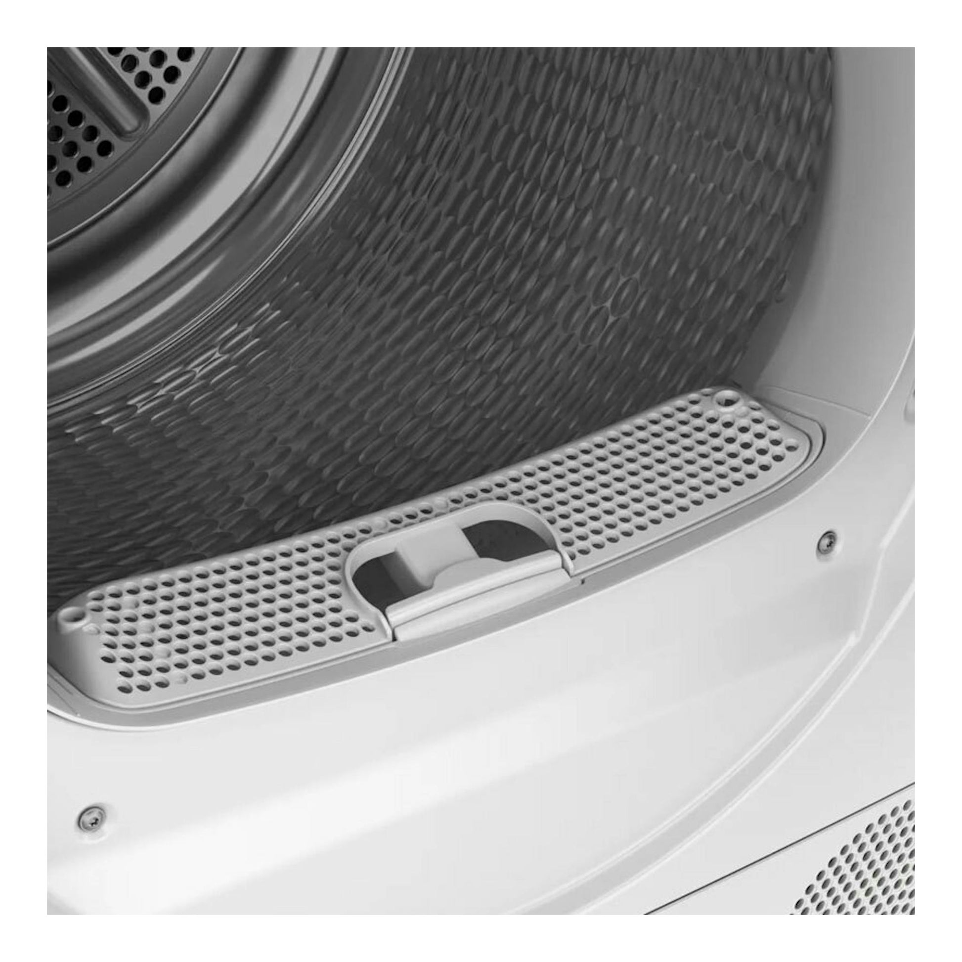 Interior de secadora Bosch WQG245D1ES blanca, con tambor metálico y filtro perforado en vista cercana.