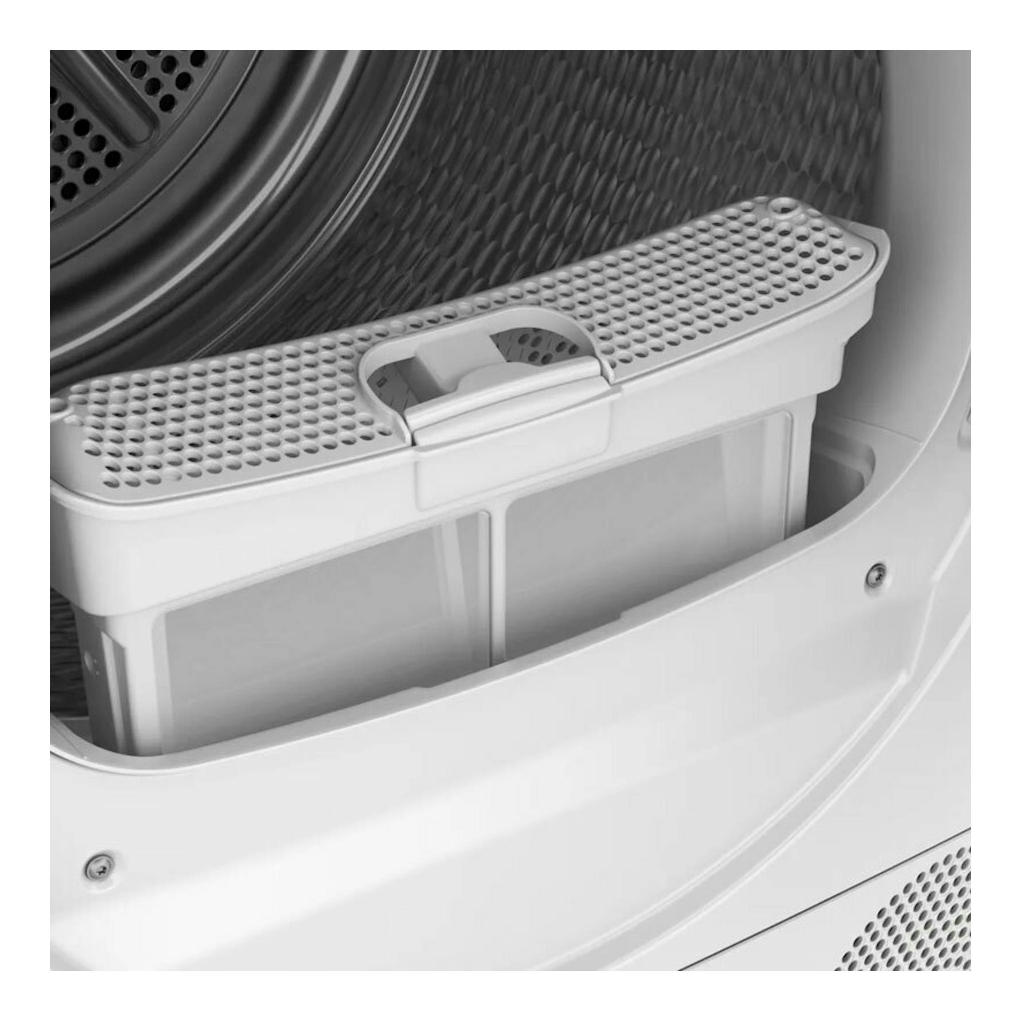 Secadora Bosch WQG245D1ES, vista interior del filtro de pelusas blanco con rejilla perforada.