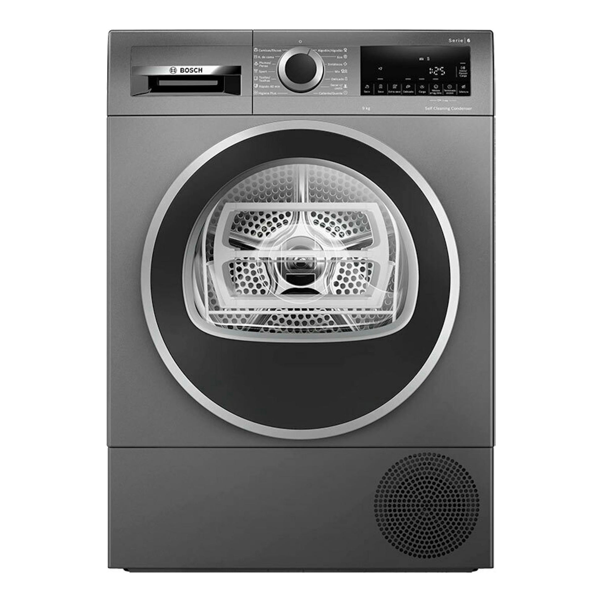 Secadora Bosch WQG245DRES gris, vista frontal, con puerta circular y panel digital superior.
