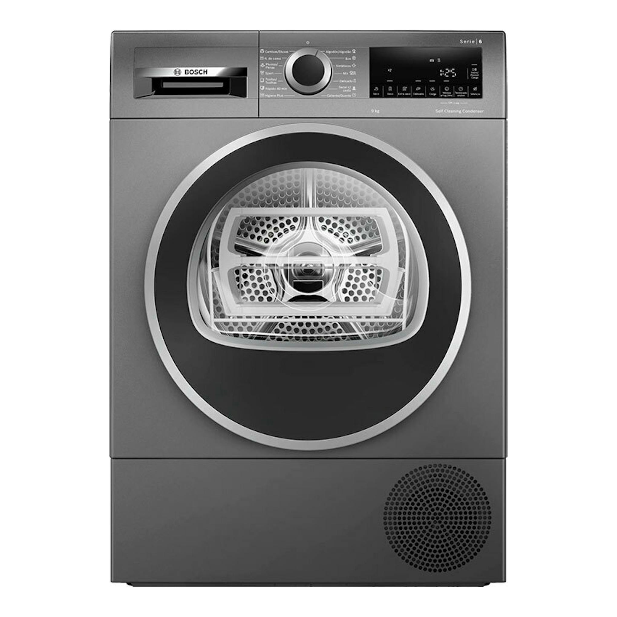 Secadora Bosch WQG245DRES gris, vista frontal, con puerta circular y panel digital superior.