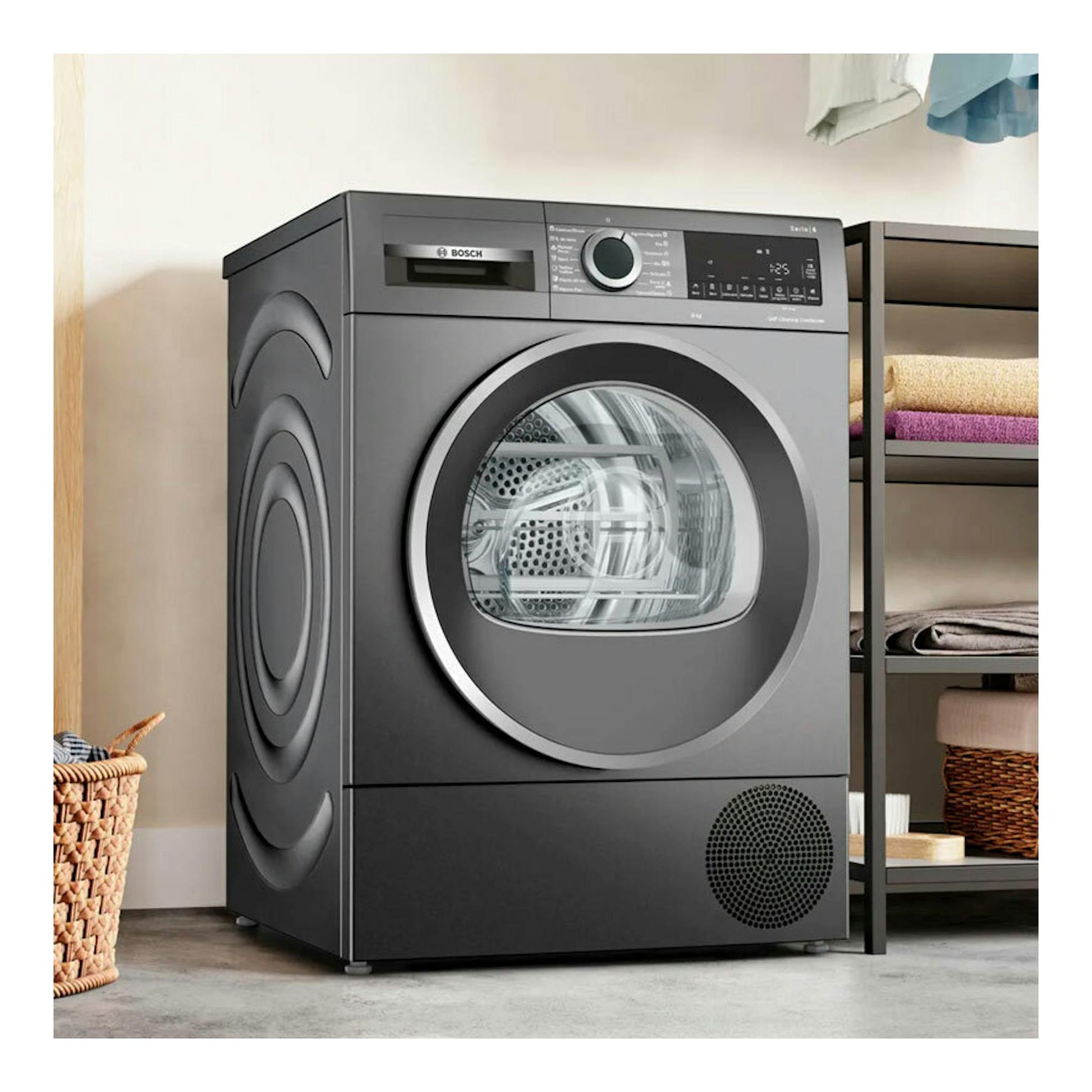 Secadora Bosch WQG245DRES 9 kg gris oscuro, vista frontal en ángulo, con puerta circular y panel digital.