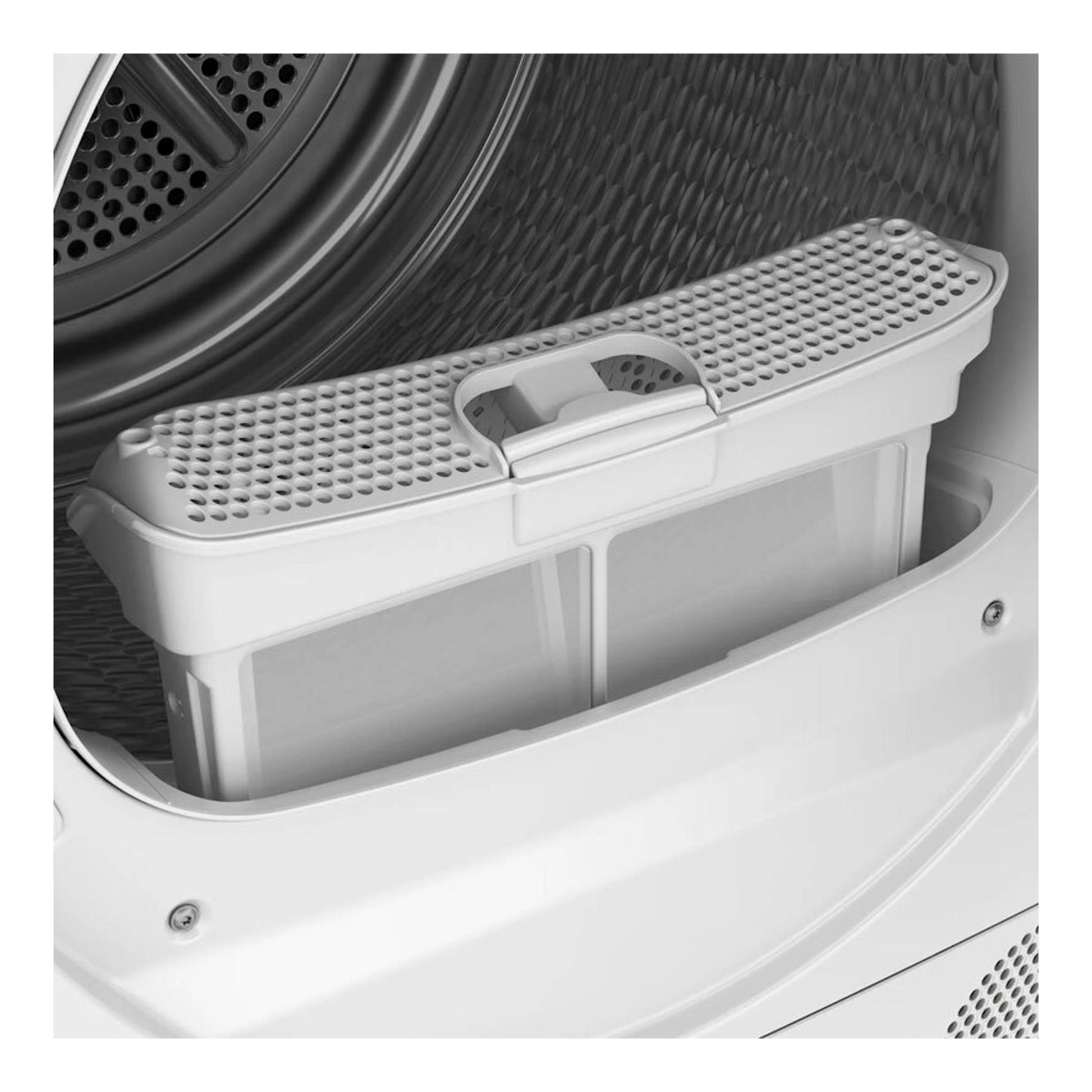 Bosch WQH246B0ES: vista interior en primer plano de la secadora blanca, con filtro de pelusas extraíble.