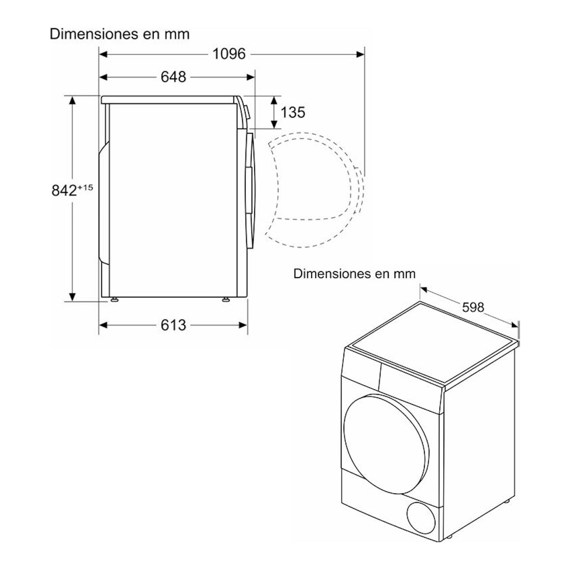 Bosch WQH246B0ES, secadora blanca, vistas frontal y lateral con medidas en mm.