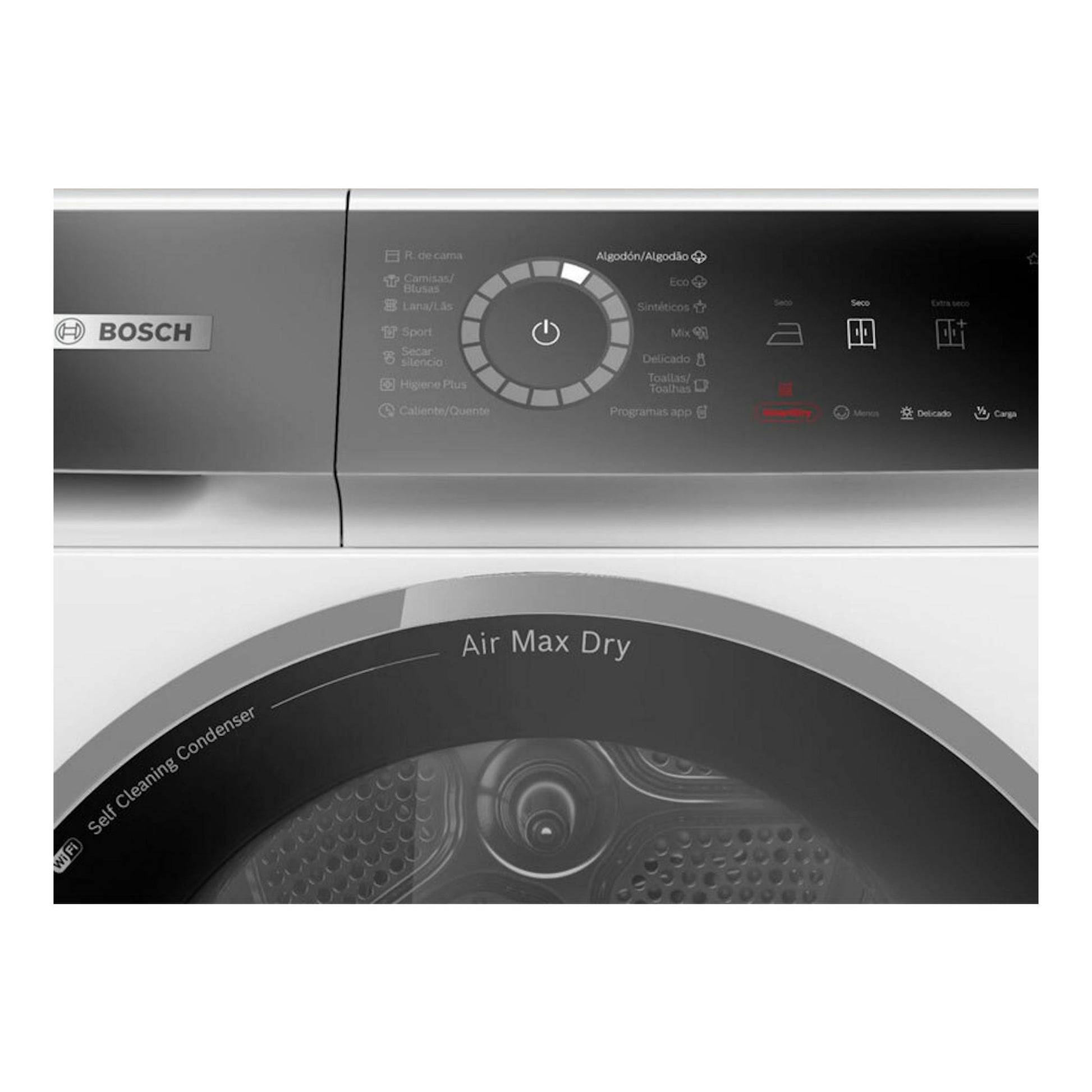 Secadora Bosch WRB247D0ES blanca, vista frontal del panel de control y la puerta.