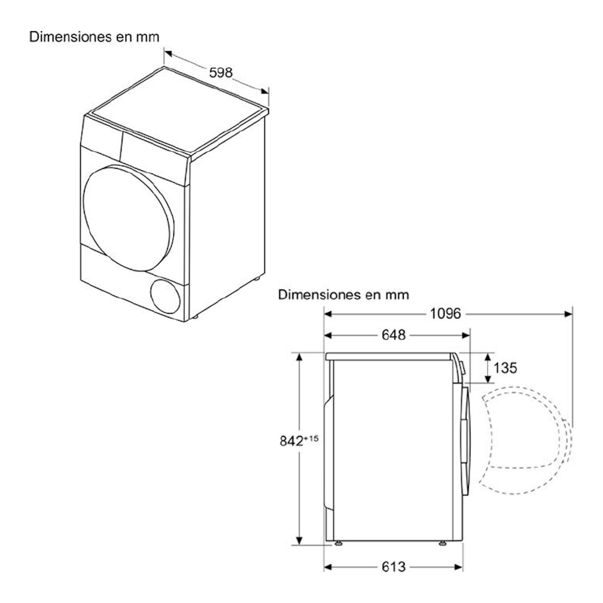 Bosch WTR83200ES: secadora blanca en vista isométrica y lateral, con esquema de dimensiones en mm.