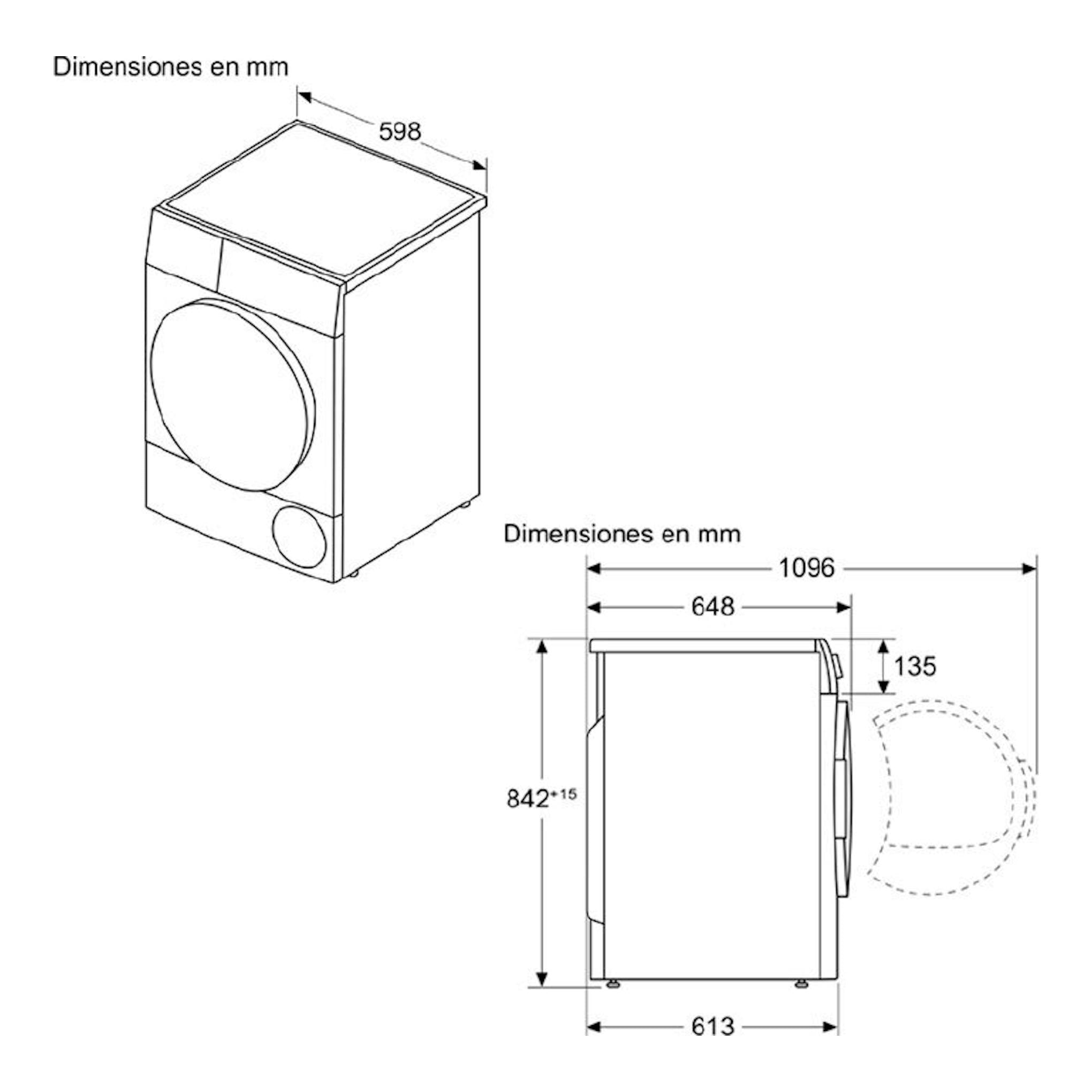 Bosch WTR83200ES: secadora blanca en vista isométrica y lateral, con esquema de dimensiones en mm.