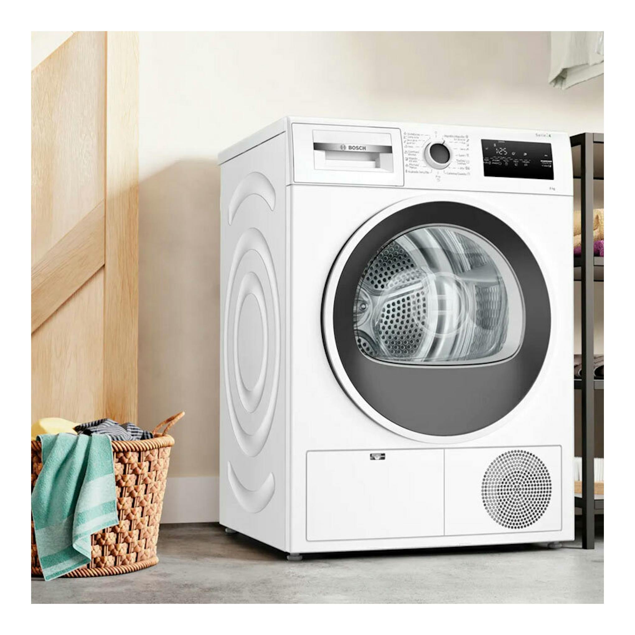 Secadora Bosch WTR83200ES blanca, vista frontal, con puerta circular y panel digital.