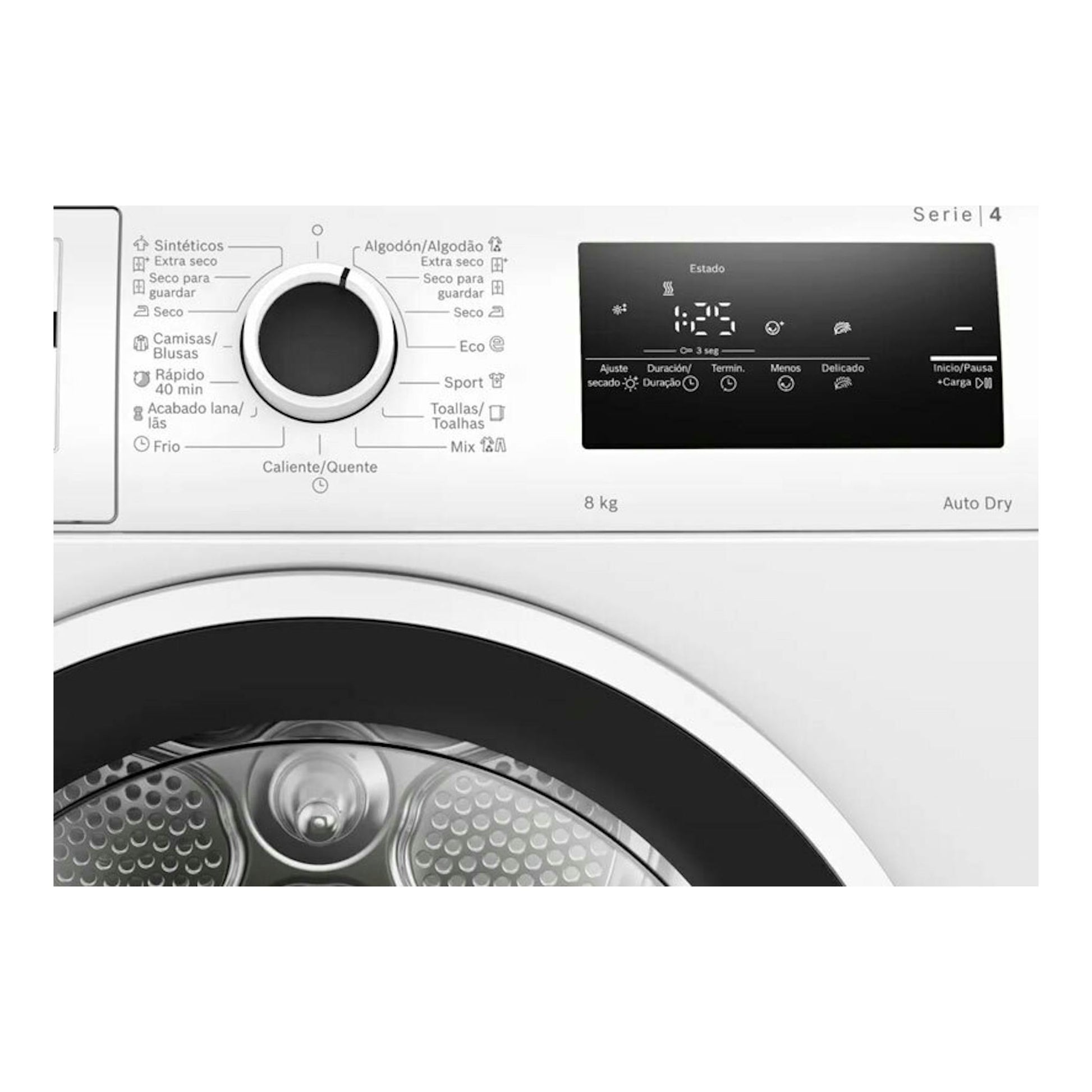 Secadora Bosch WTR85V00ES blanca, vista frontal del panel de control y tambor, 8 kg.