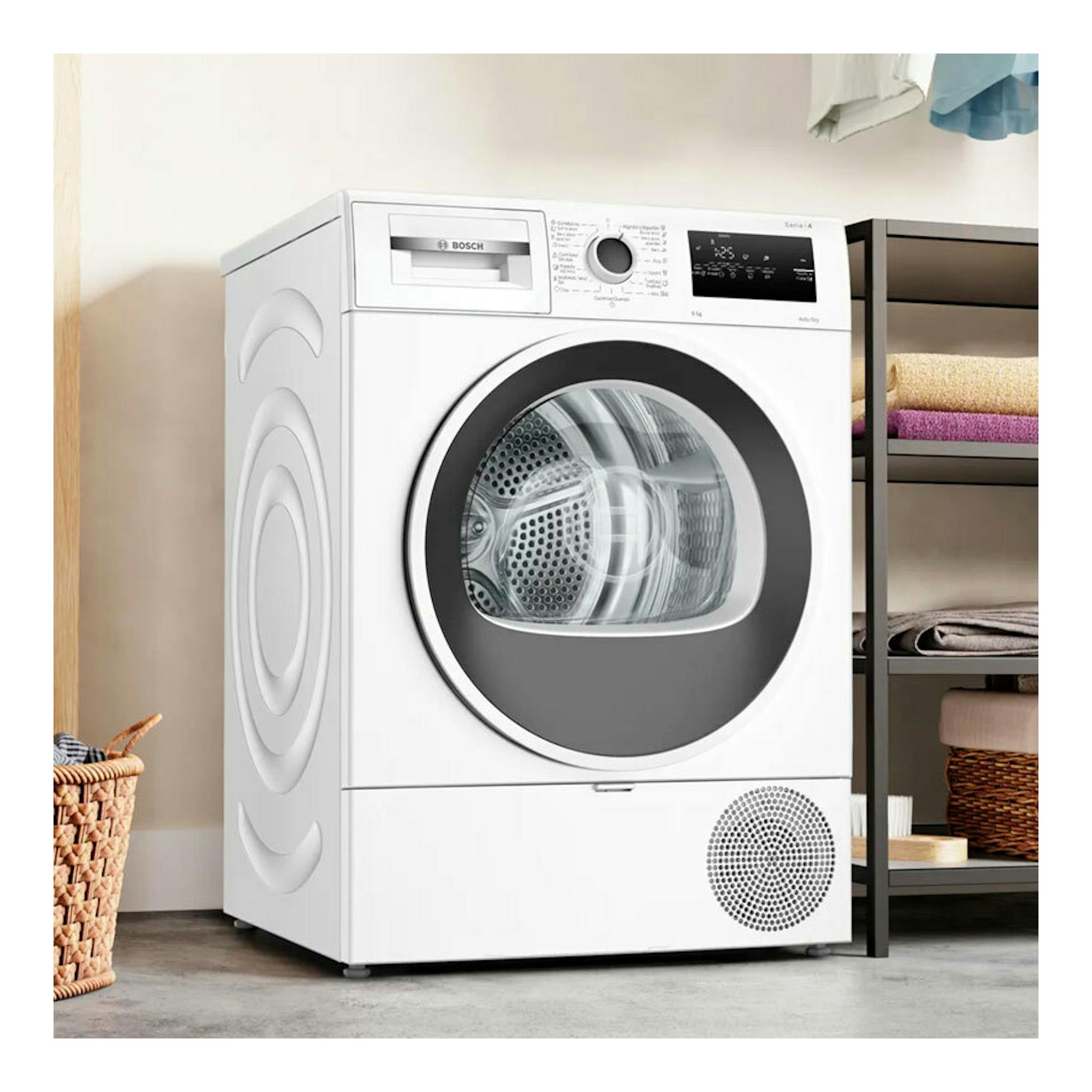 Secadora Bosch WTR85V00ES blanca, vista frontal, con puerta circular negra y panel de control superior.