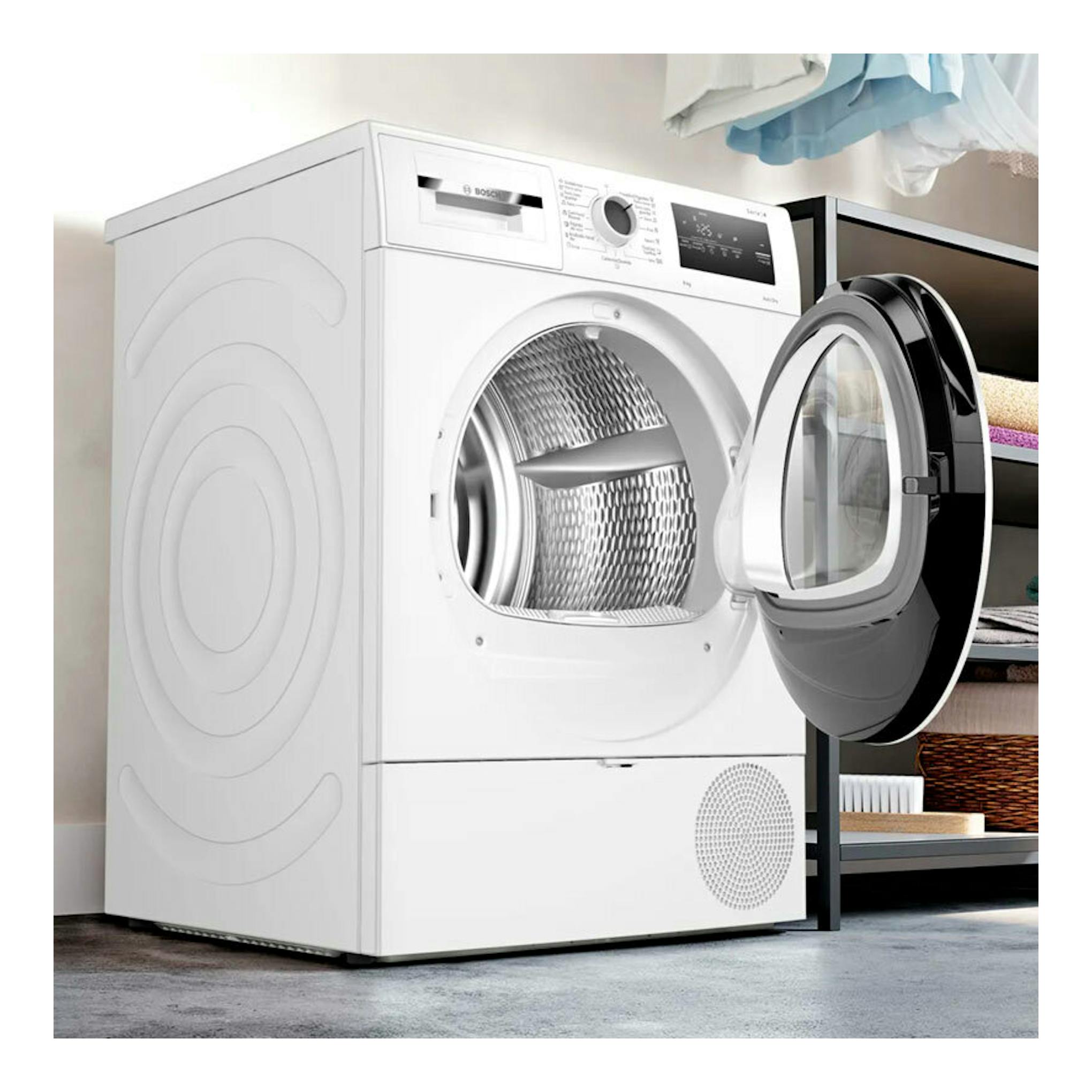 Secadora Bosch WTR85V00ES blanca, vista frontal con puerta abierta y tambor visible.