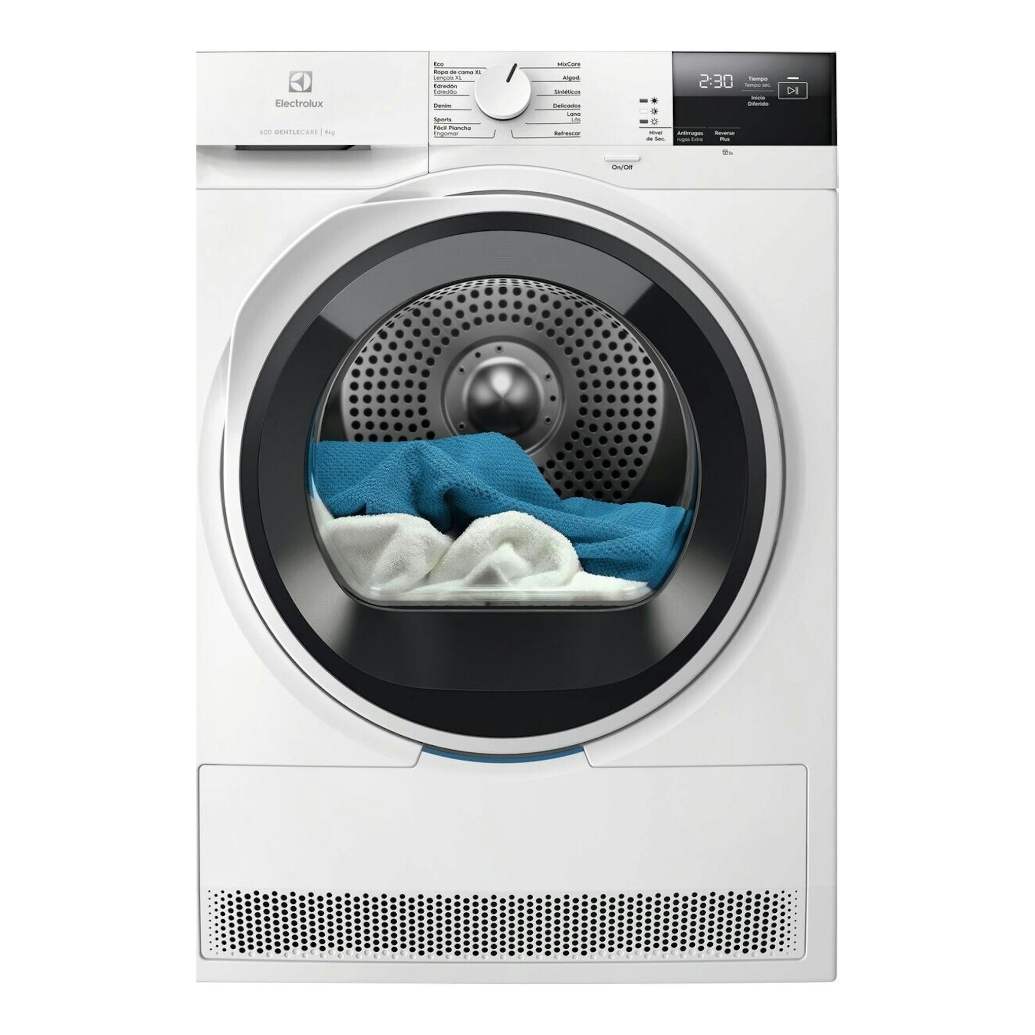 Secadora Electrolux EDI629G4BO blanca, vista frontal, con ropa azul y blanca en el tambor.