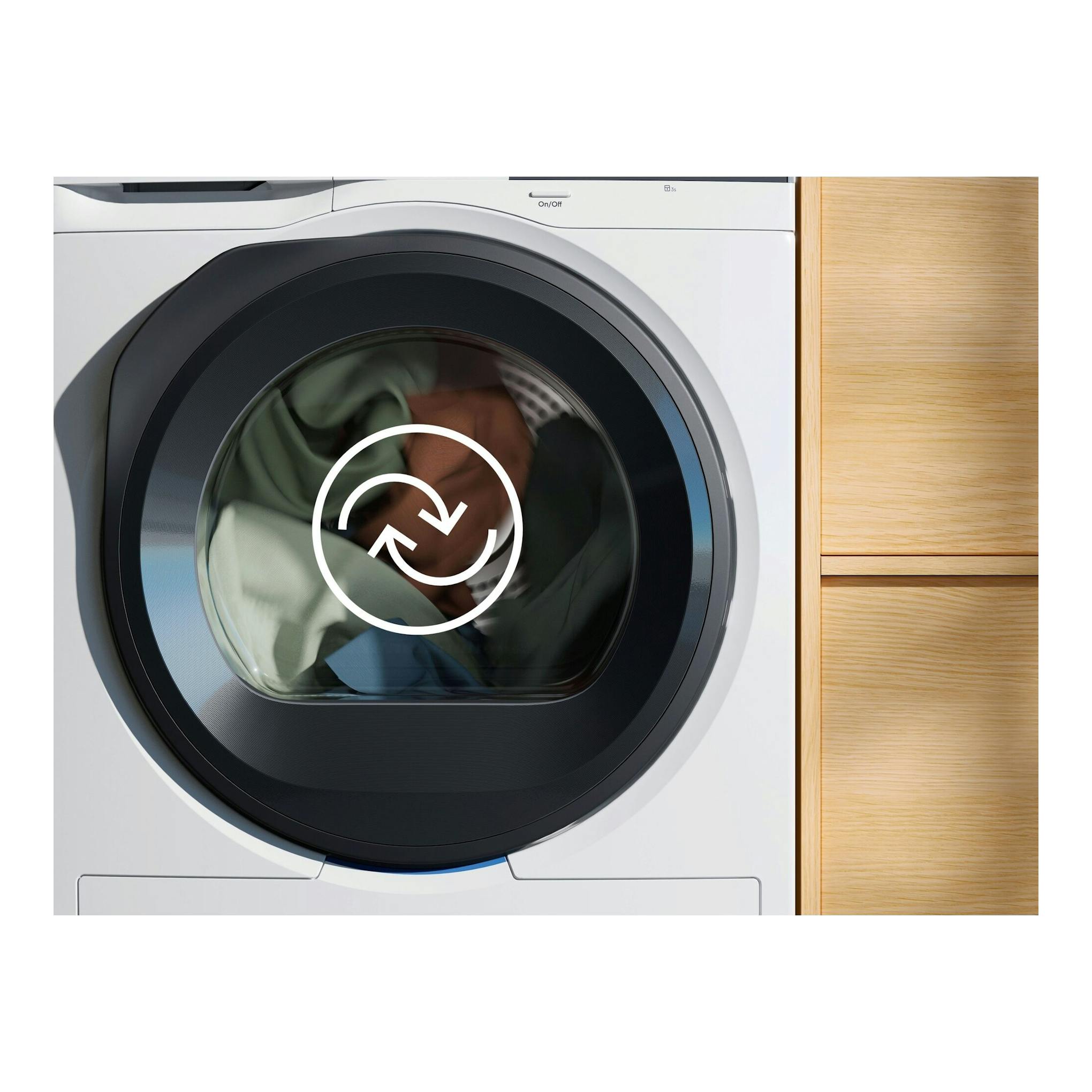 Secadora Electrolux blanca de carga frontal, puerta negra circular, vista frontal.