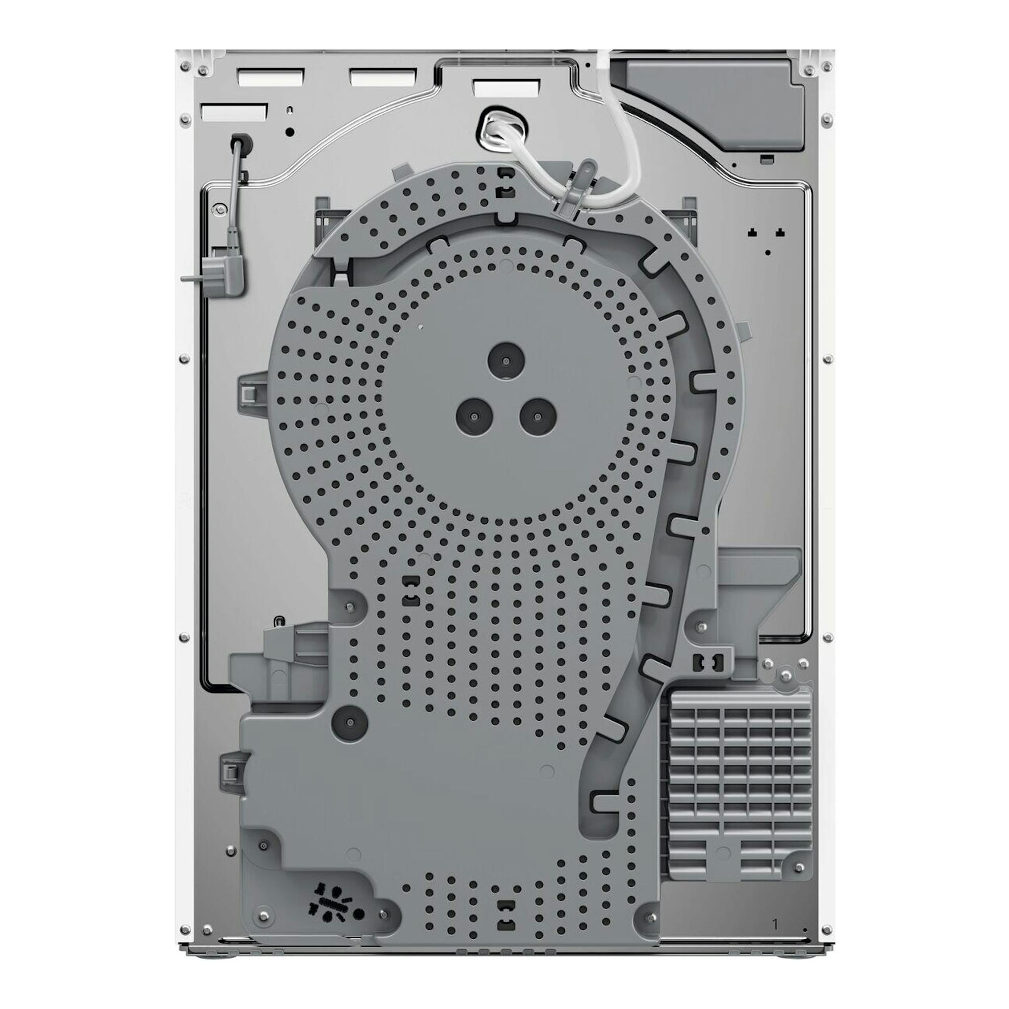 Electrolux EDI629G4BO, vista trasera del interior de una secadora, panel gris perforado y tubería blanca.