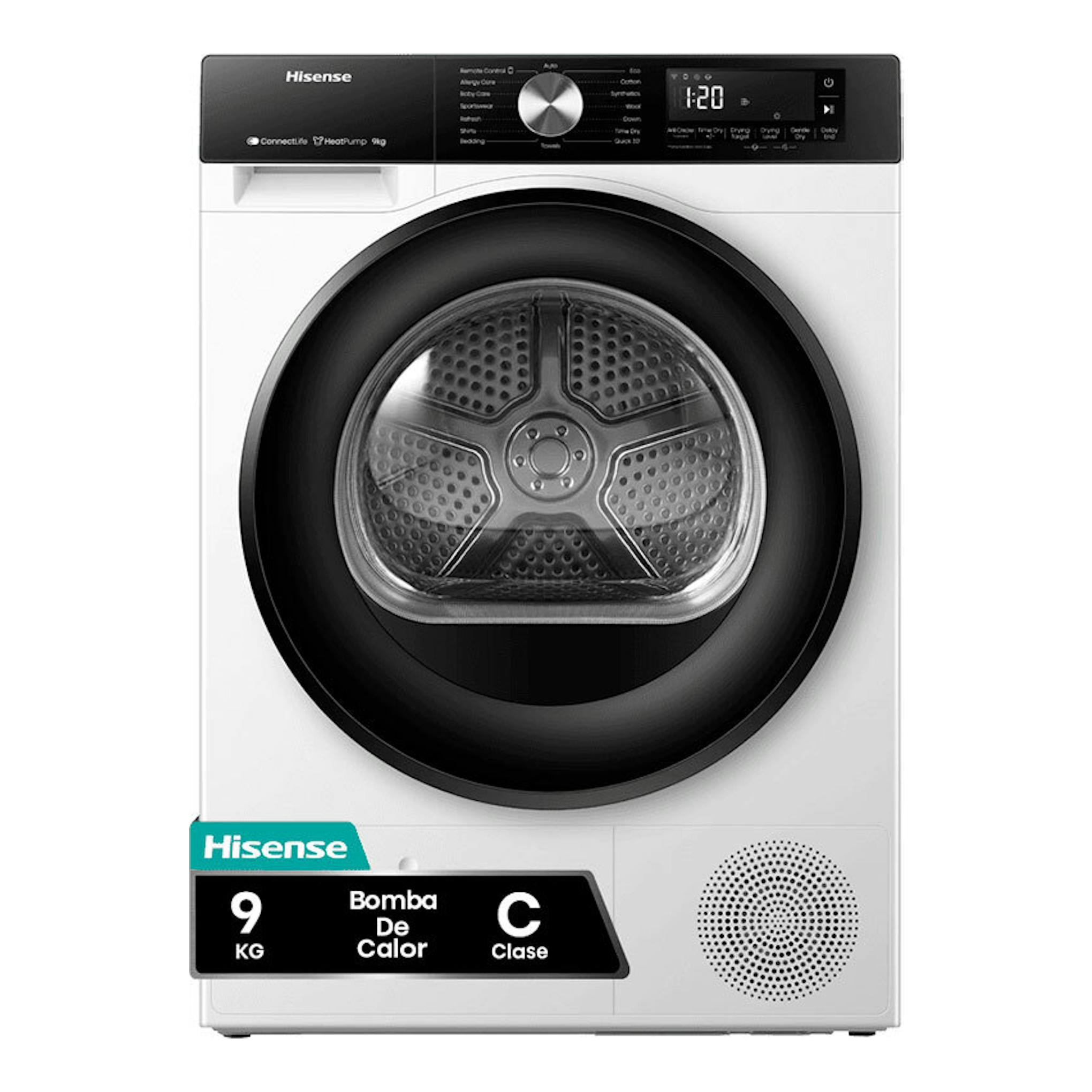 Secadora Hisense DH3S902BWCC de 9 kg, blanca, vista frontal, con puerta negra y panel digital superior.