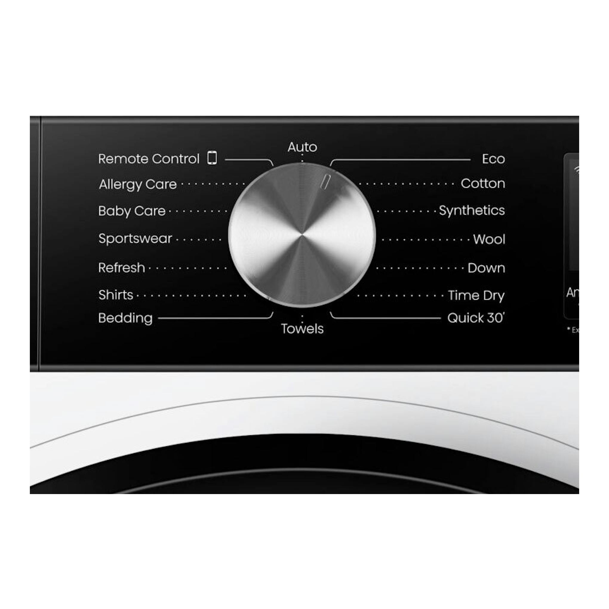 Secadora Hisense DH3S902BWCC, vista frontal parcial del panel negro con selector plateado y cuerpo blanco.