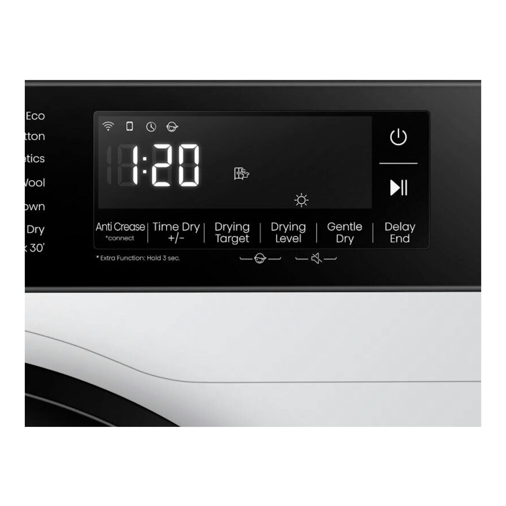 Panel de secadora Hisense DH3S902BWCC blanco y negro, con pantalla digital 1:20 y botones táctiles.
