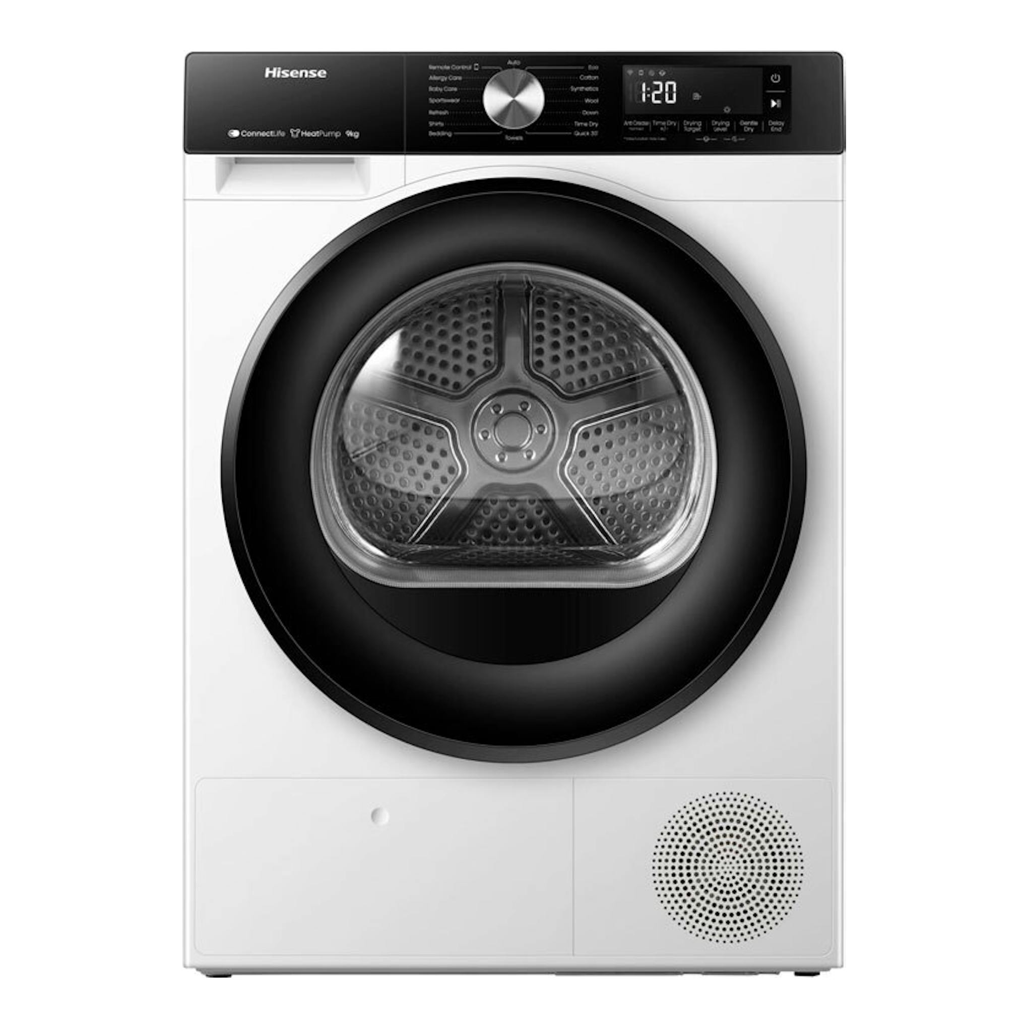 Secadora Hisense DH3S902BWCC blanca, vista frontal, con puerta circular negra y panel digital superior.