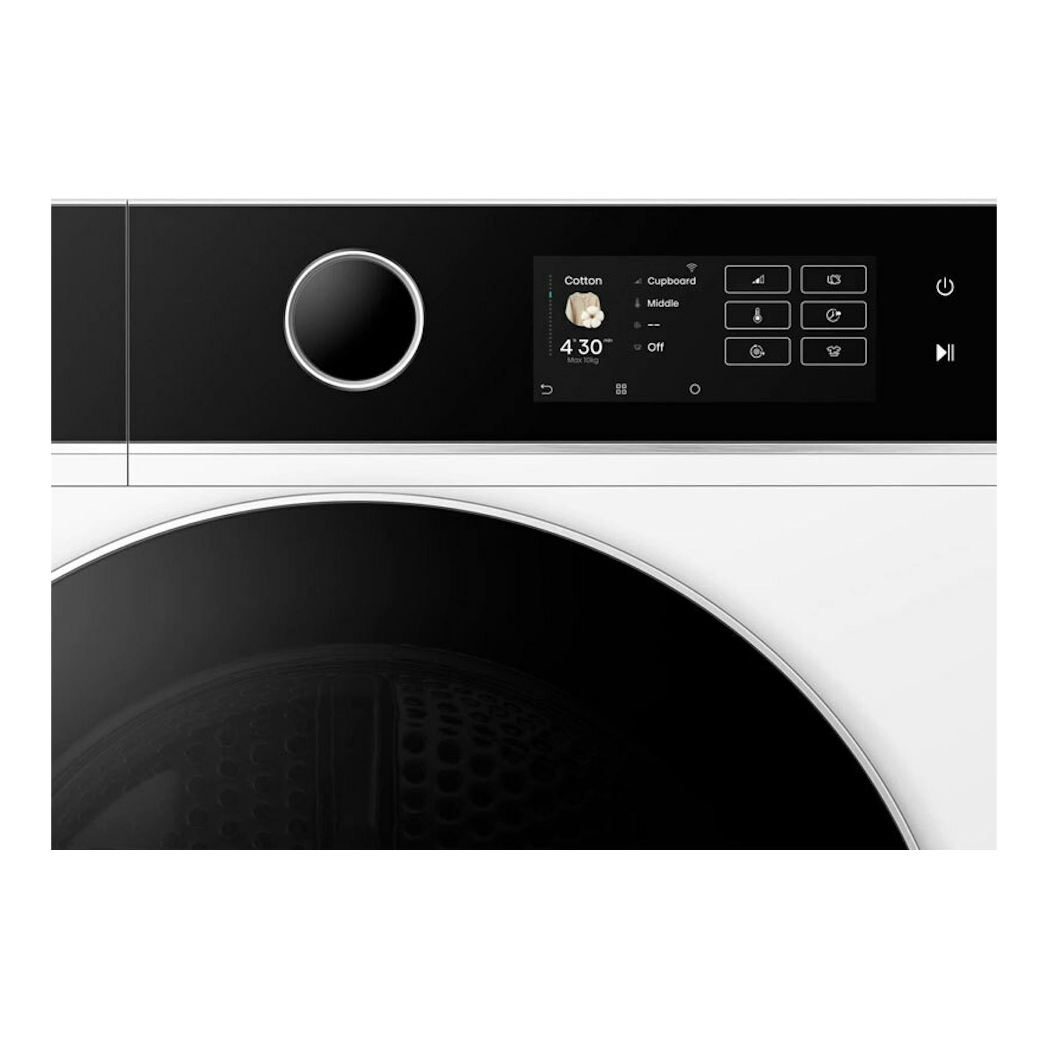 Secadora Hisense DH5I104BWAB blanca, vista frontal, con panel negro, selector circular y pantalla digital.