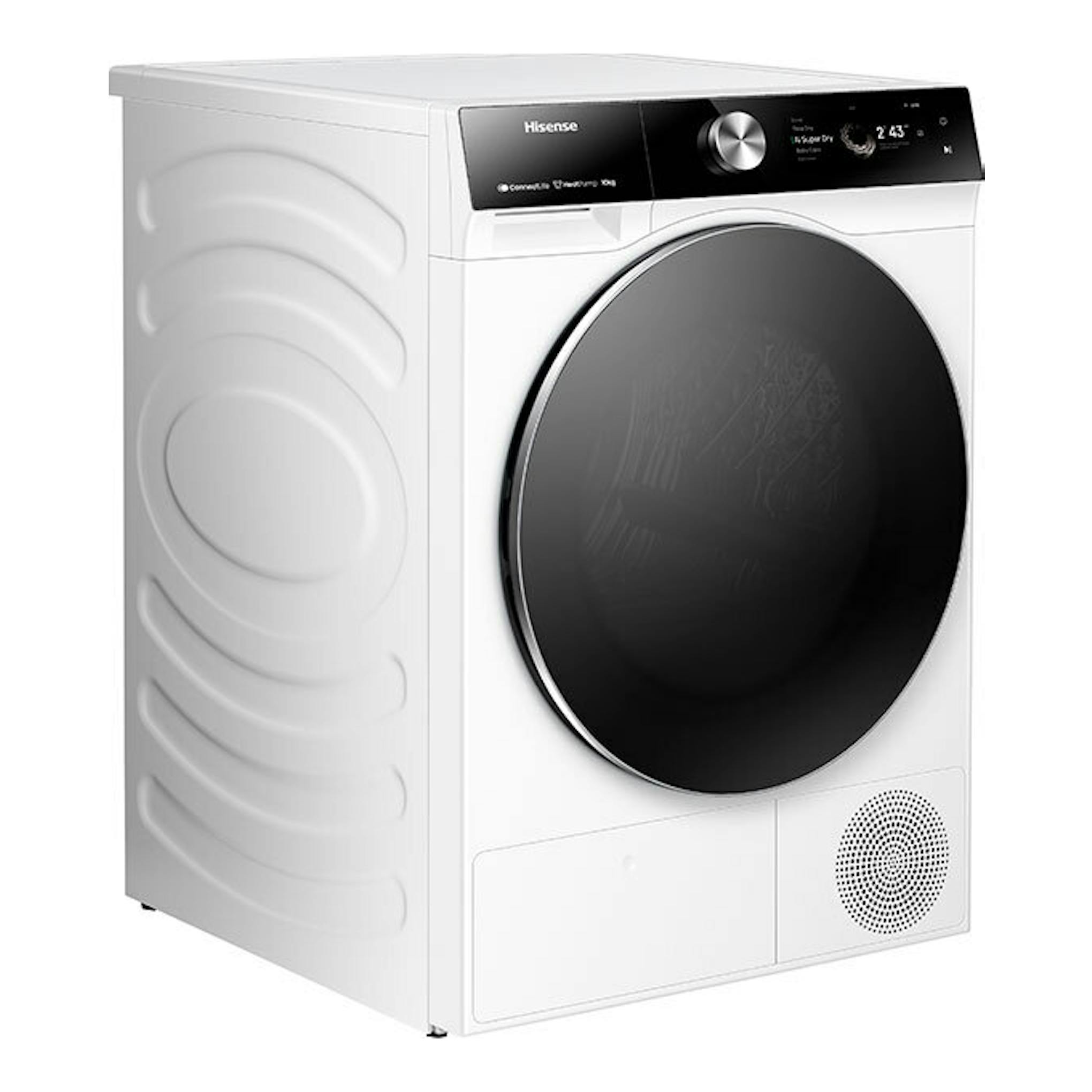 Secadora Hisense DH7S107BW blanca, vista frontal en ángulo, con puerta circular negra y panel superior negro.