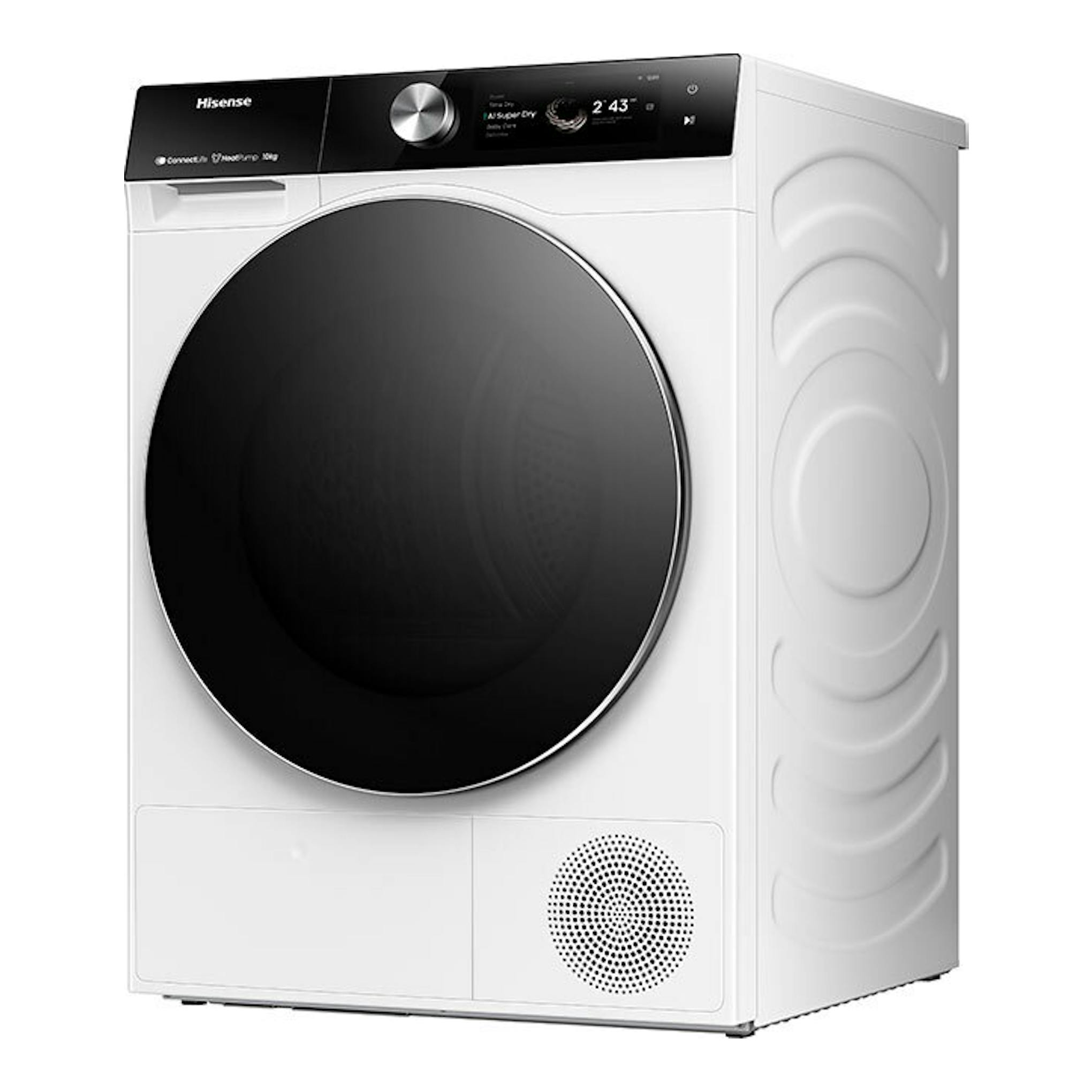 Secadora Hisense DH7S107BW blanca, vista frontal en ángulo, con puerta circular negra y panel superior negro.