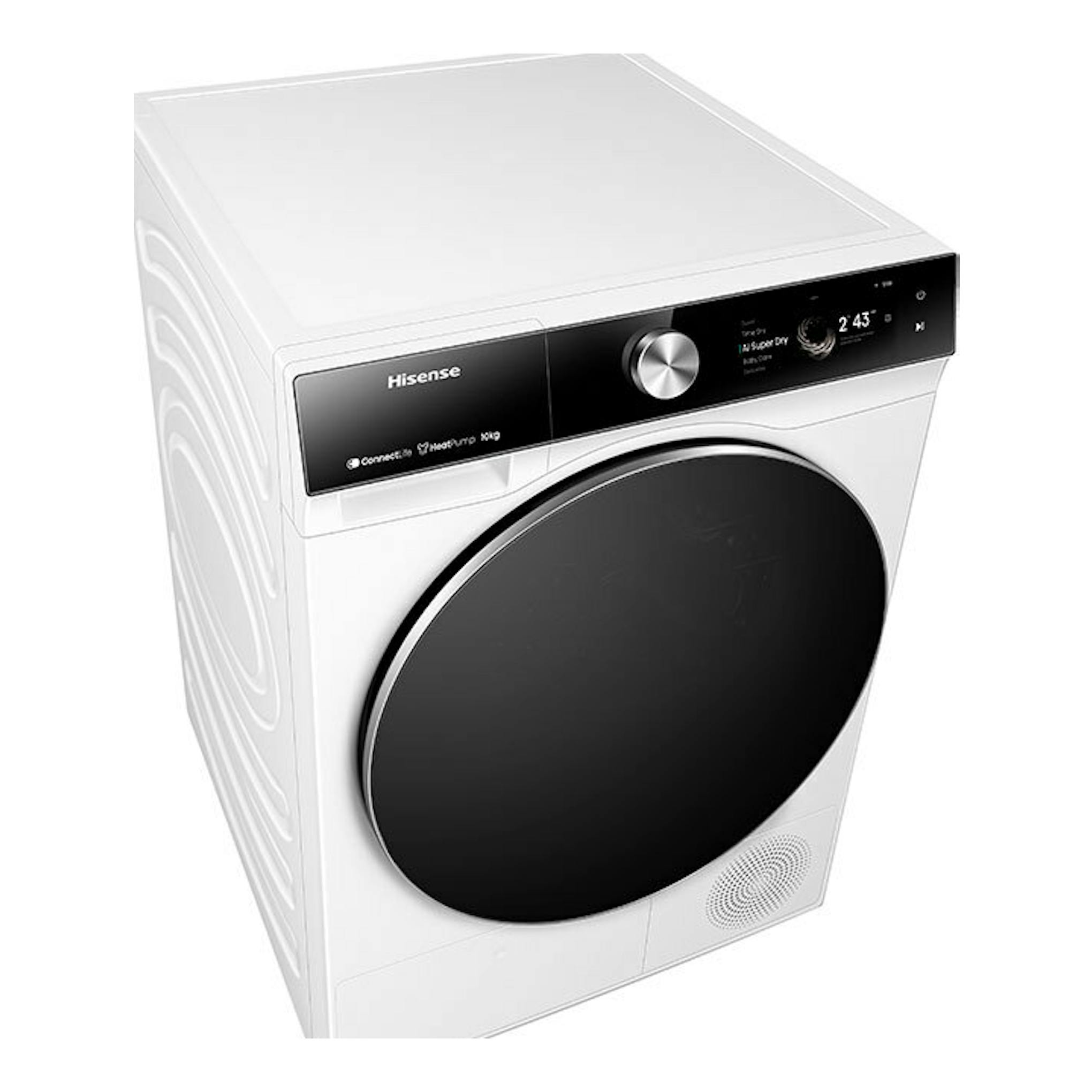 Secadora Hisense DH7S107BW blanca, vista frontal en ángulo, con puerta circular negra y panel de control negro.