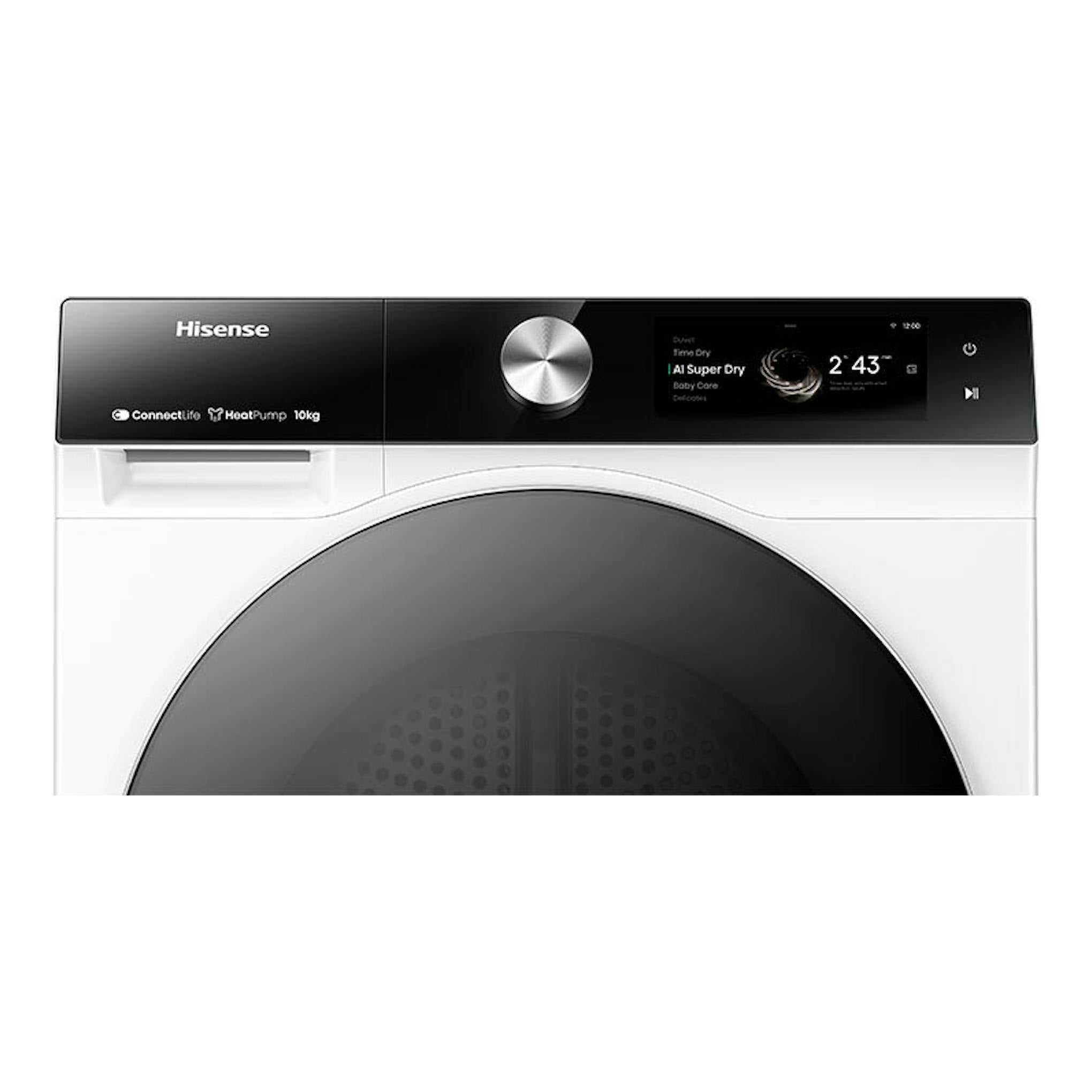 Secadora Hisense DH7S107BW blanca, vista frontal, con panel superior negro y puerta circular gris.