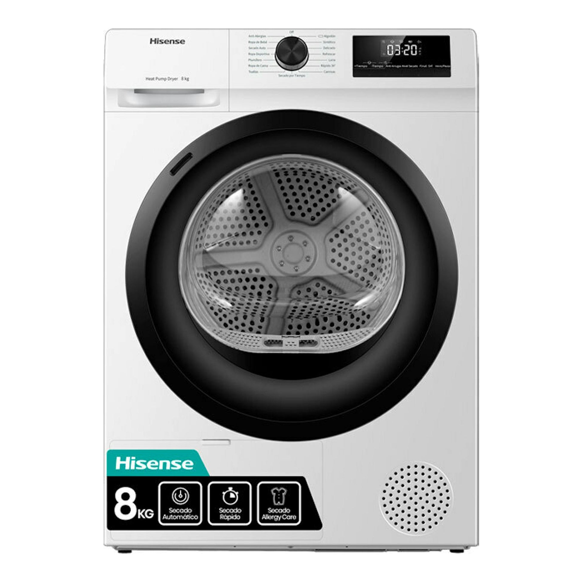 Secadora Hisense DHQE800BW2 blanca, vista frontal, con puerta circular negra y panel digital superior.