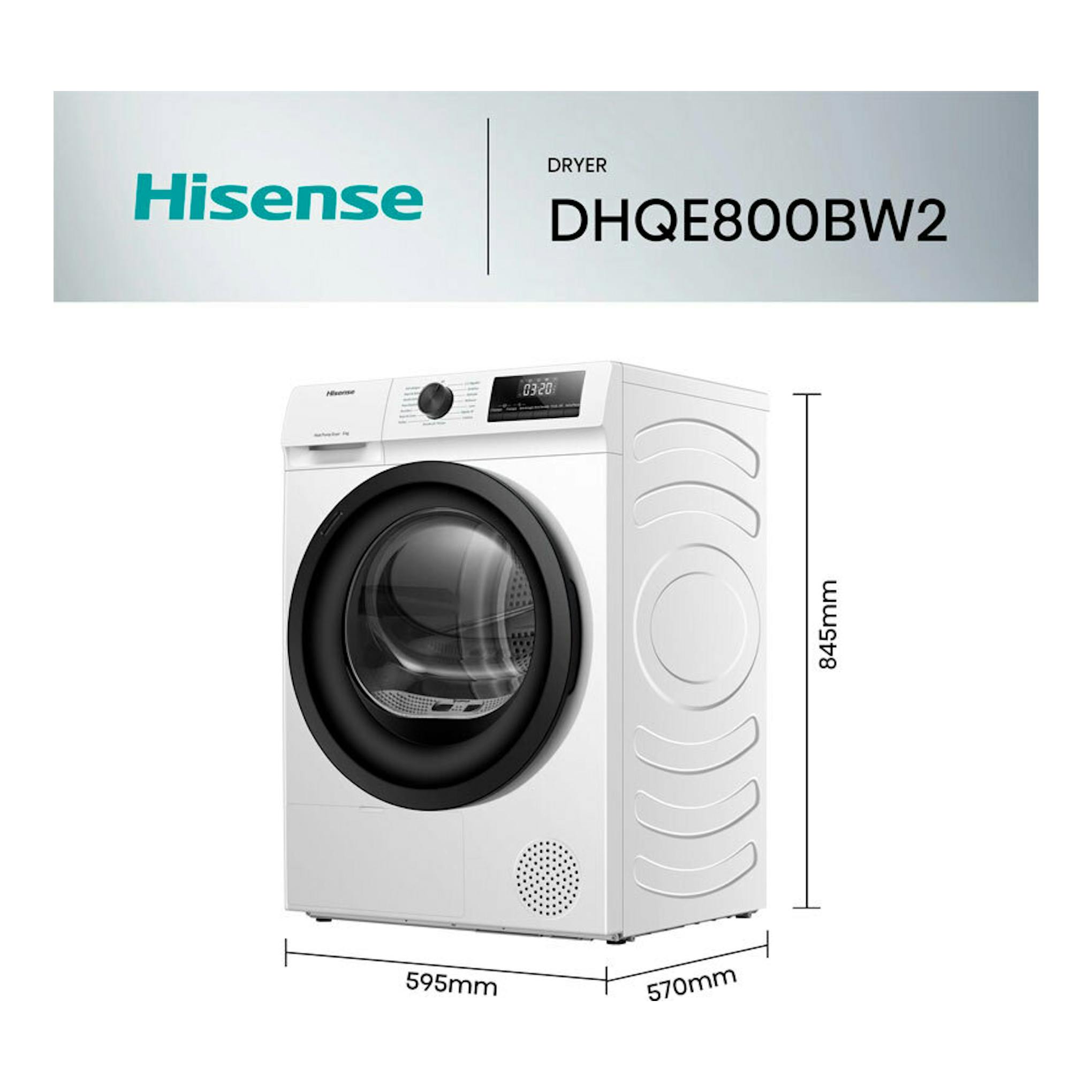 Secadora Hisense DHQE800BW2 blanca, vista frontal y lateral, con puerta negra y medidas 845 x 595 x 570 mm.