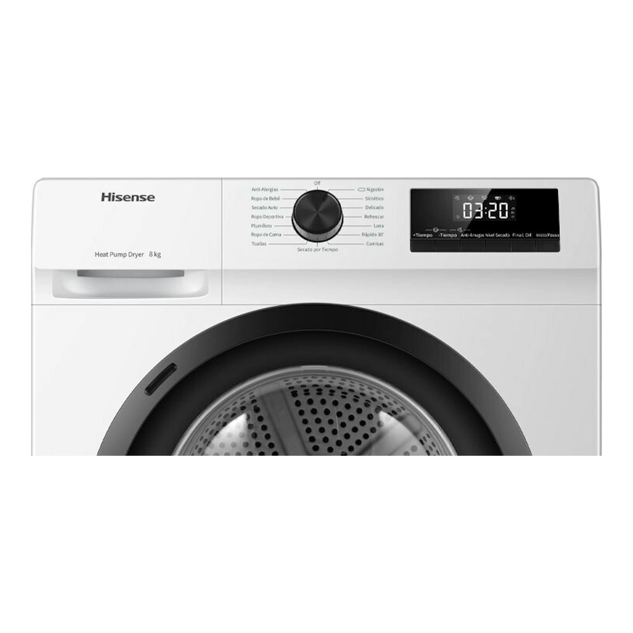Secadora Hisense DHQE800BW2 8 kg, blanca, vista frontal, con puerta negra circular y panel digital superior.