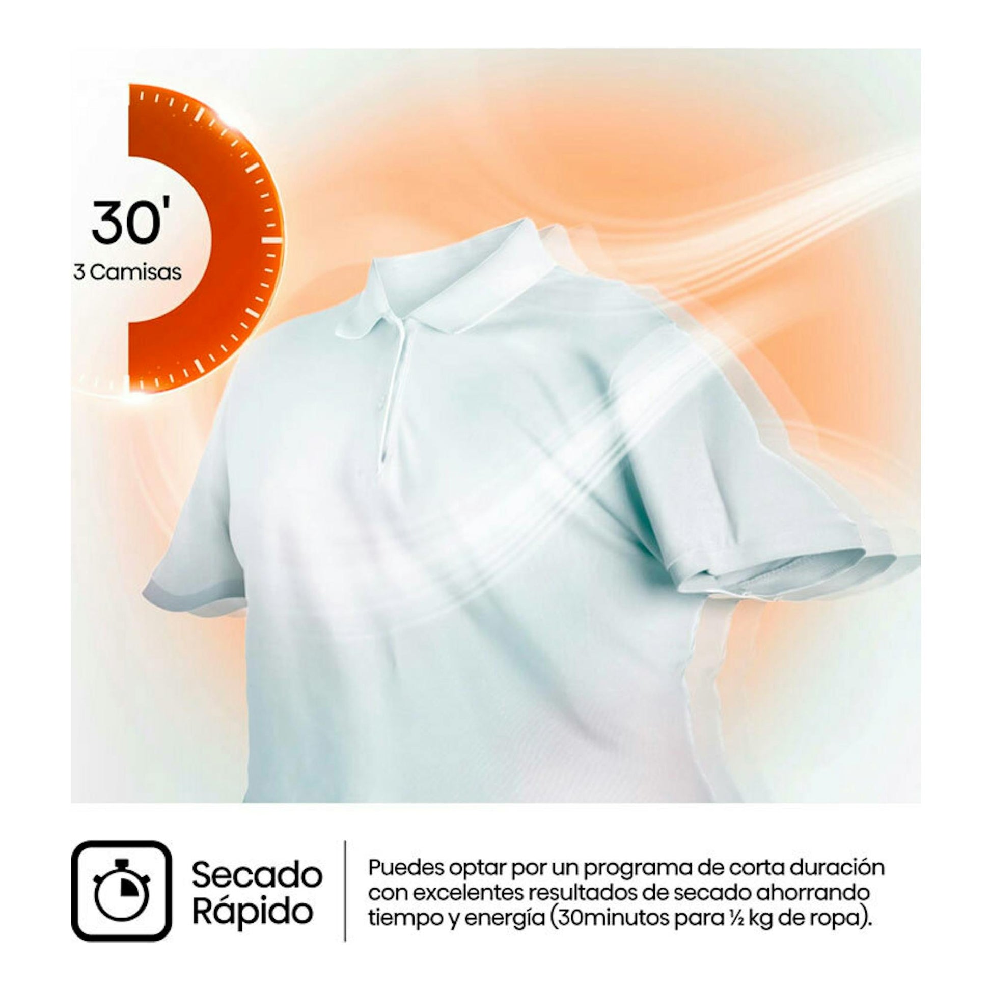 Secadora Hisense DHQE800BW2 con gráfico de secado rápido, camiseta blanca y texto “30' 3 camisas”.
