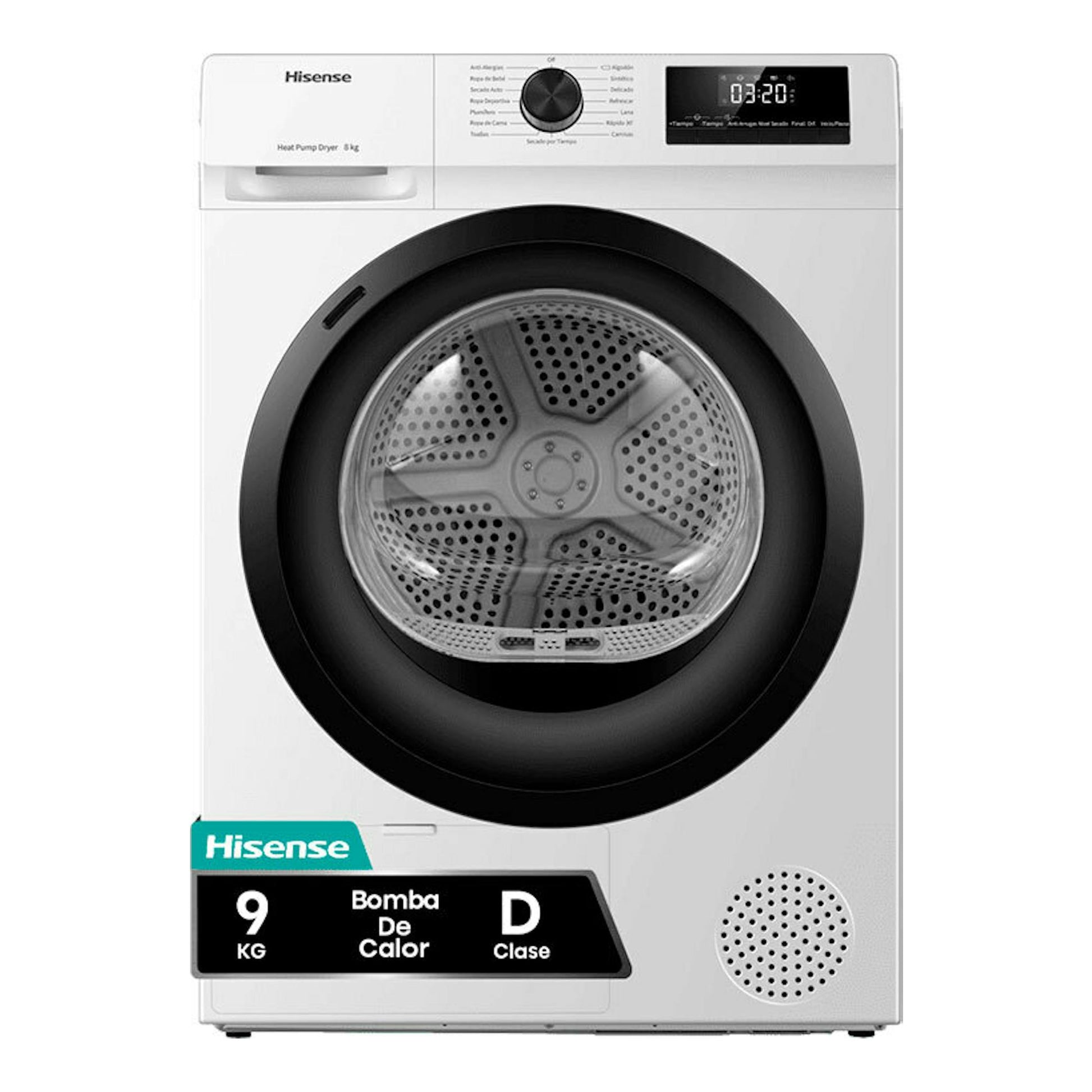Secadora Hisense DHQE900UWDC blanca, vista frontal, con puerta circular negra y panel digital superior.