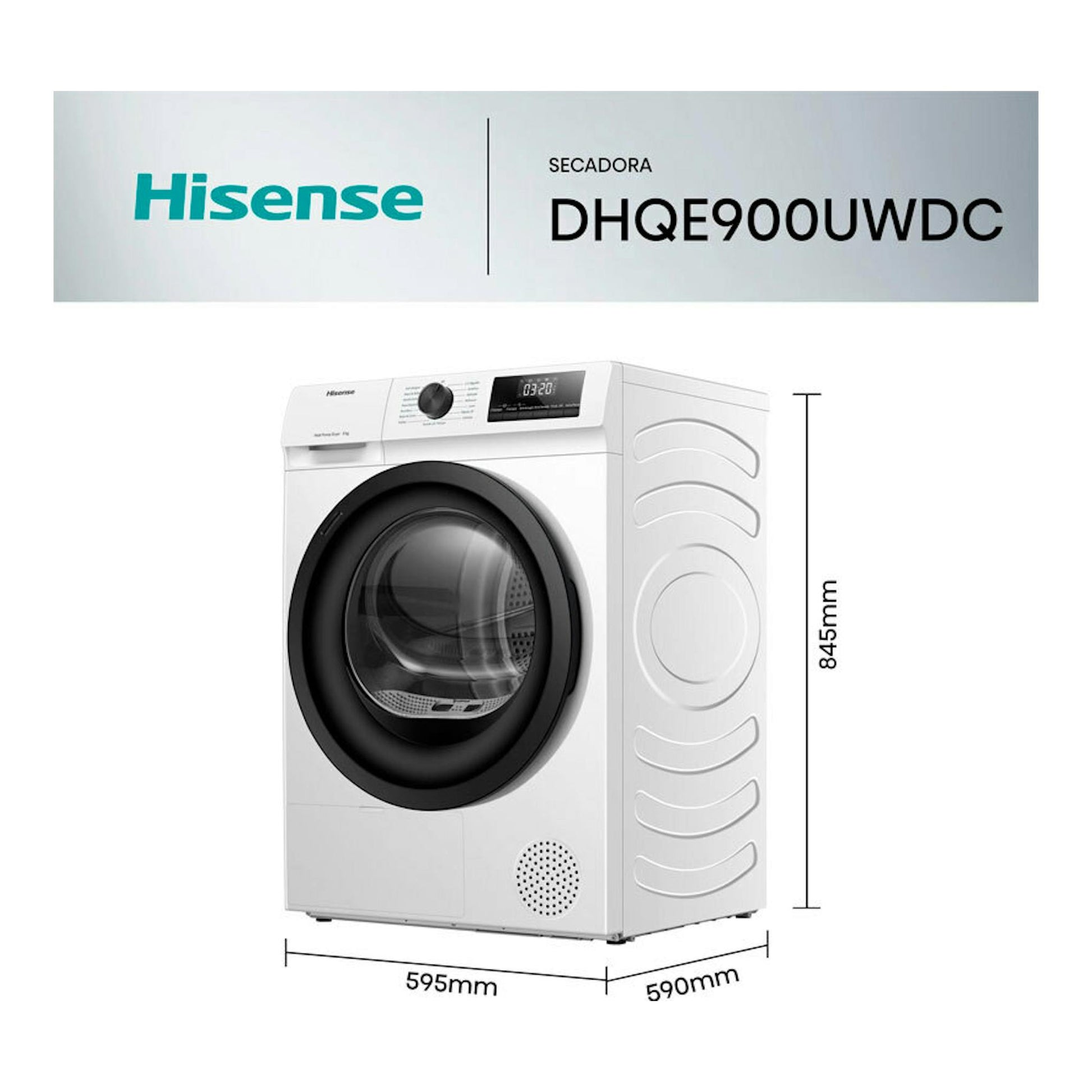 Secadora Hisense DHQE900UWDC blanca, vista frontal en ángulo, con puerta negra y panel digital.
