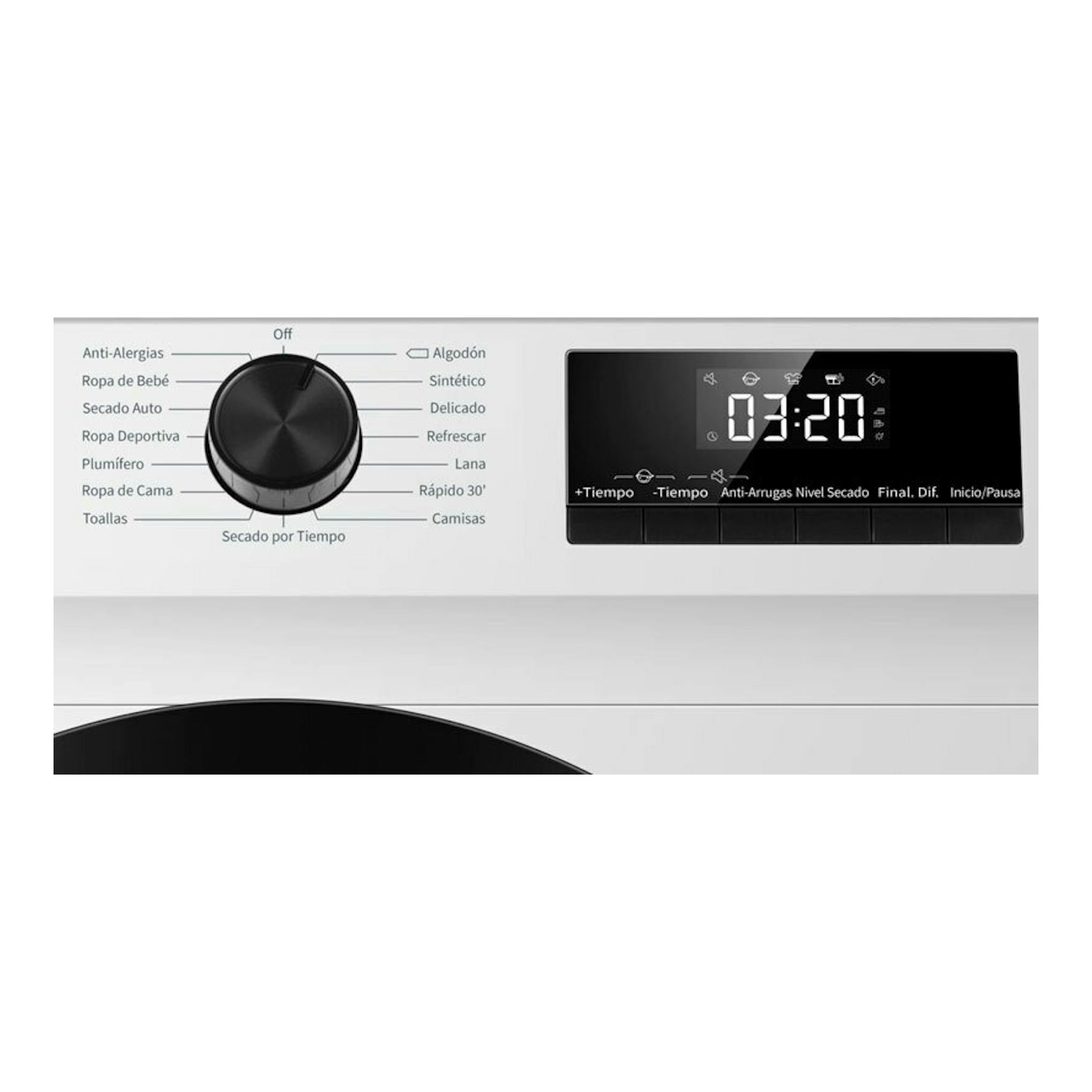 Vista frontal parcial de secadora Hisense DHQE900UWDC, panel plateado con selector negro y pantalla digital.