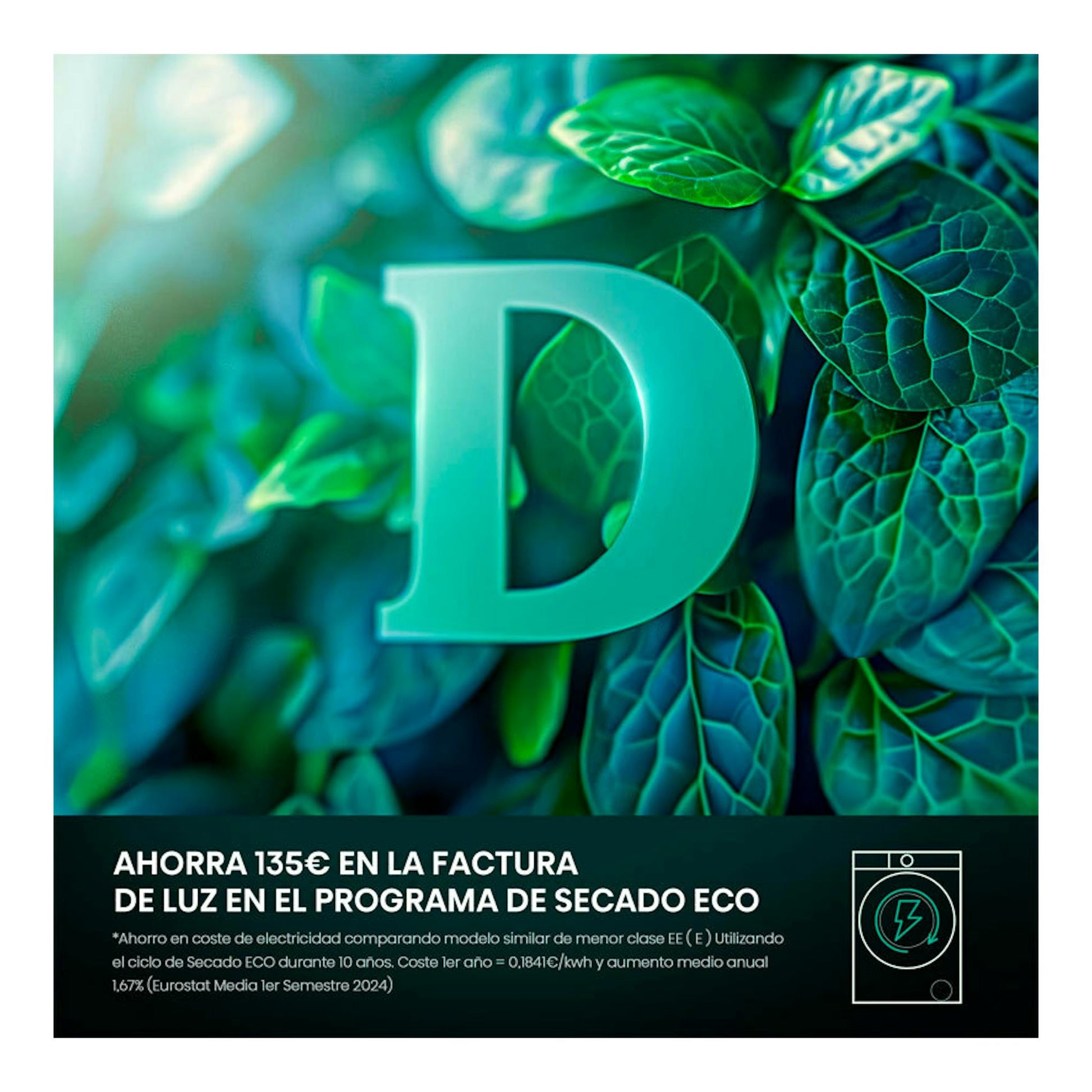 Cartel promocional con una D turquesa sobre hojas verdes y texto de ahorro en secado eco.