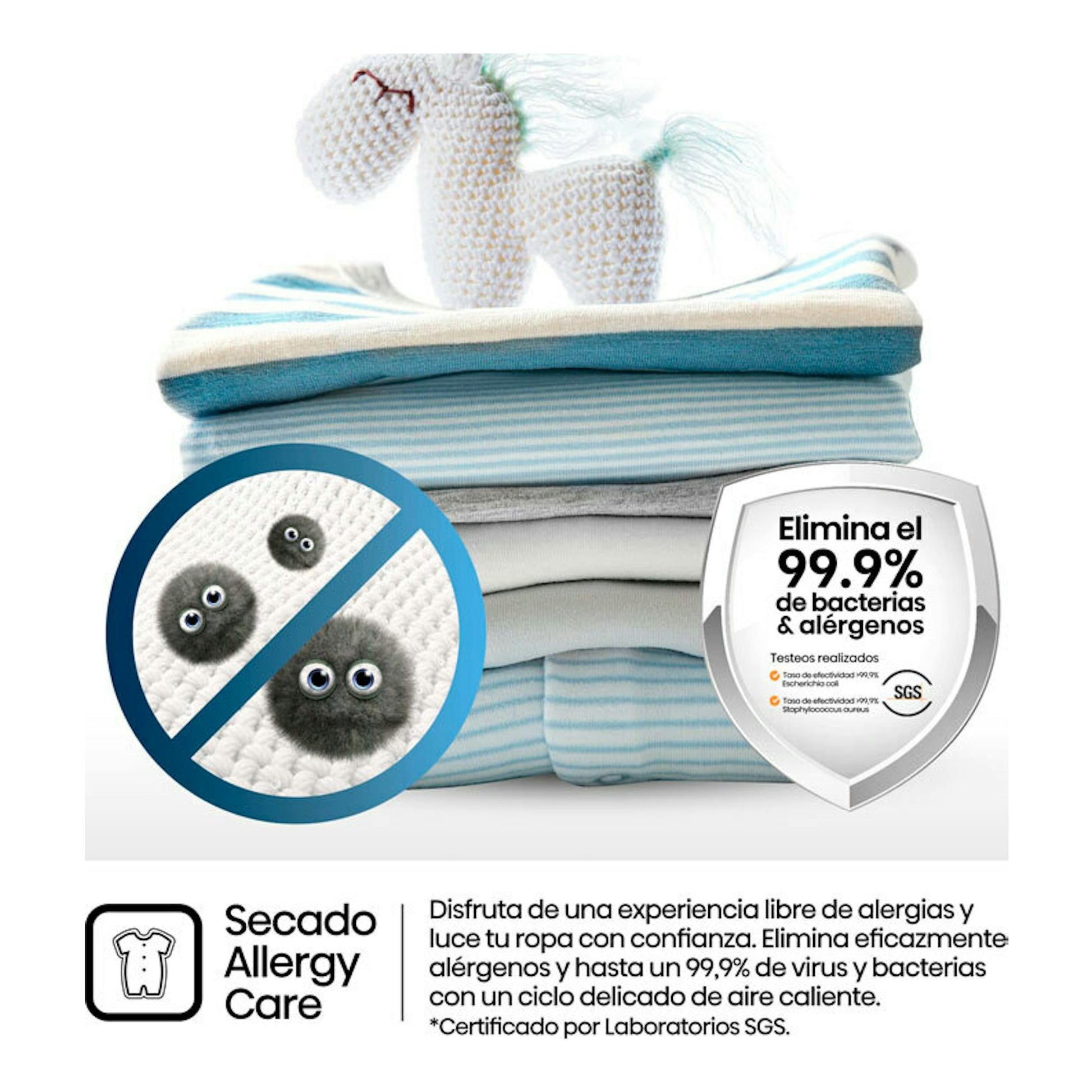 Imagen promocional de secadora Hisense DHQE900UWDC con ropa doblada, icono antiácaros y sello SGS.