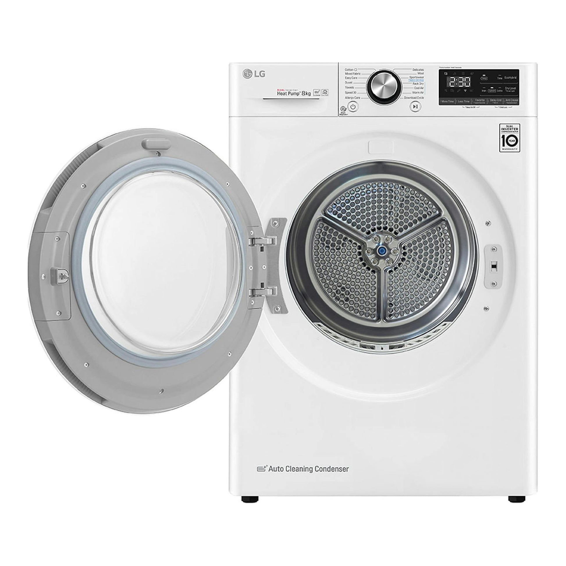 Secadora LG RC80V9AV2W blanca, vista frontal, con la puerta circular abierta.