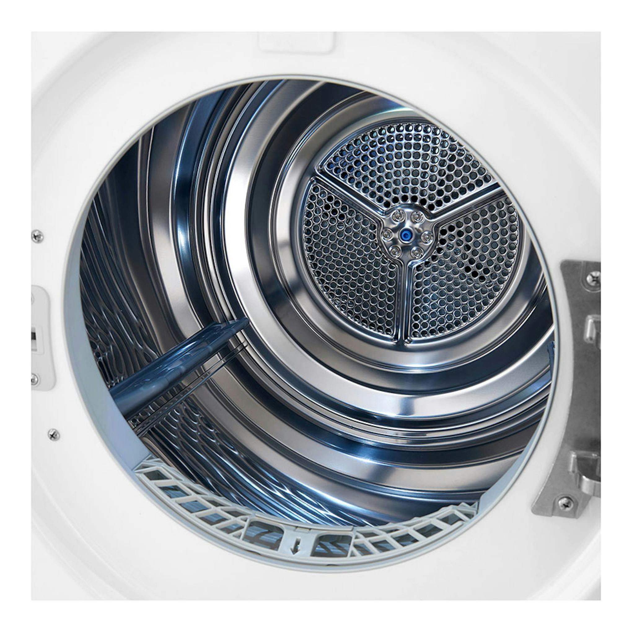 Secadora LG RC80V9AV2W blanca, vista frontal del tambor interior metálico con puerta abierta.