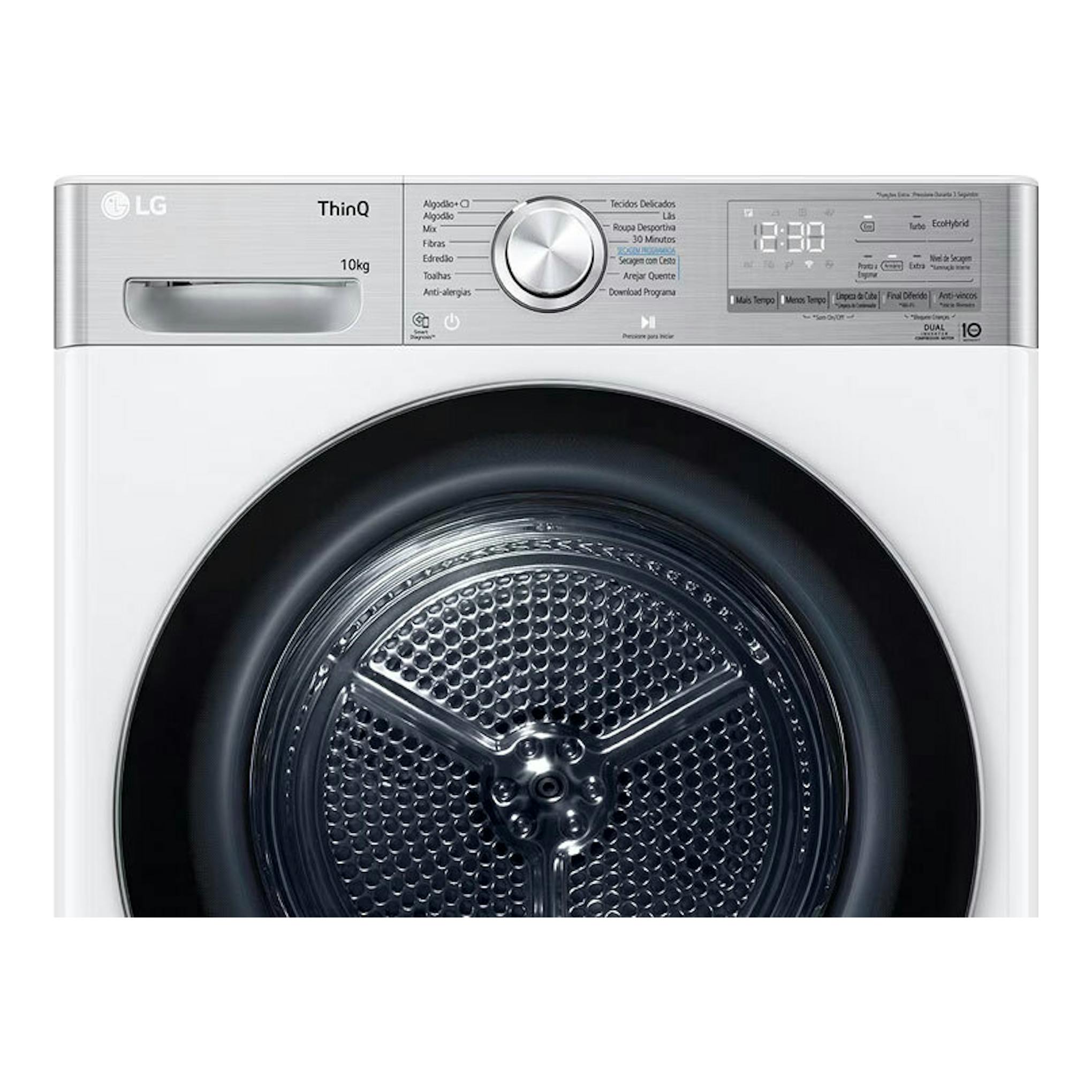 Secadora LG RH10V9AV2WR blanca, vista frontal, con panel digital y puerta circular negra.