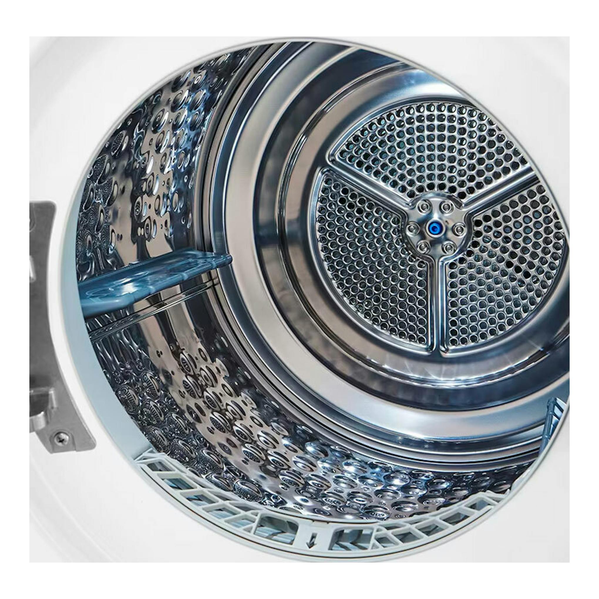 Interior del tambor de una secadora LG RH10V9AV2WR, de acero inoxidable, vista frontal en primer plano.