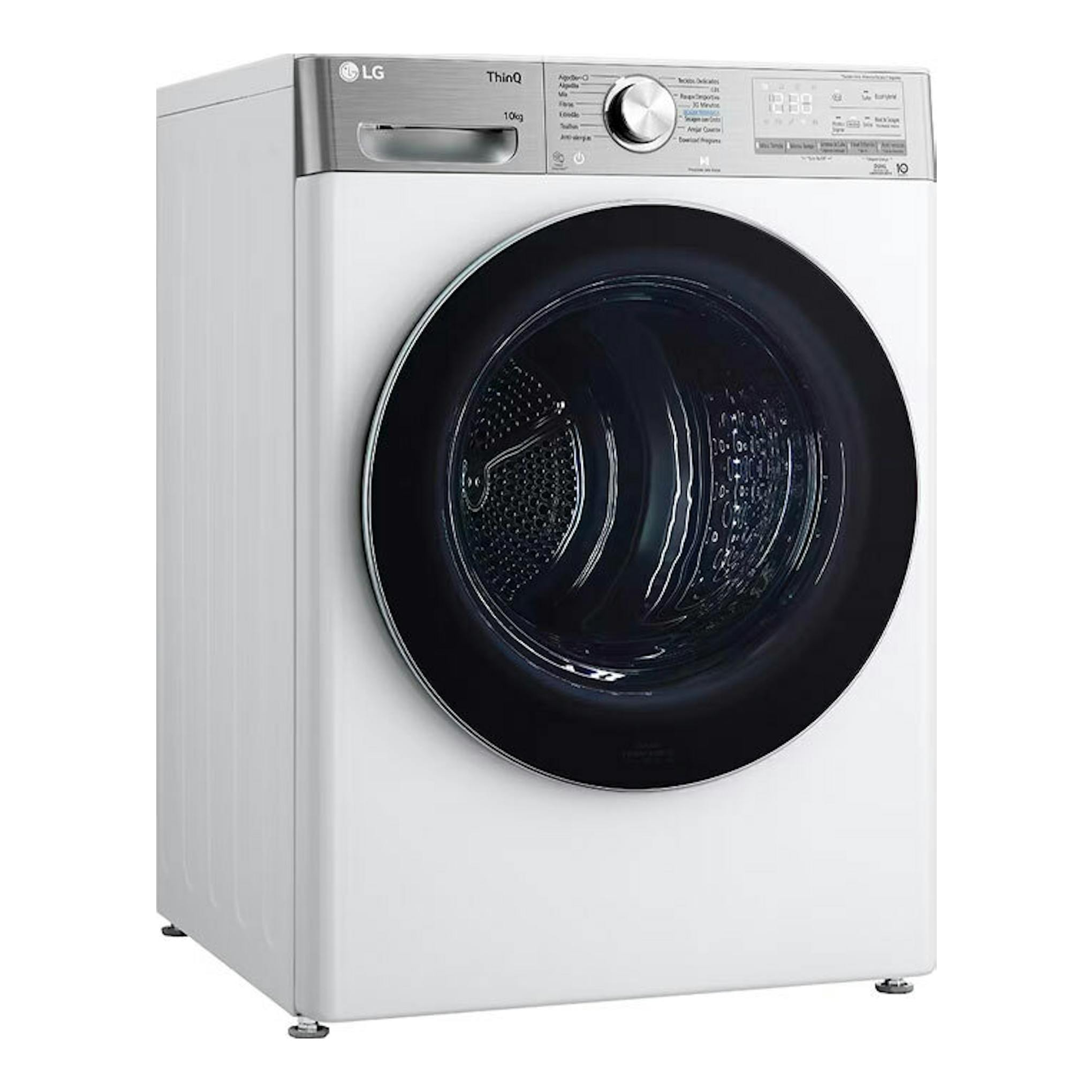 Secadora LG RH10V9AV2WR blanca, vista frontal, con puerta negra circular y panel superior plateado.