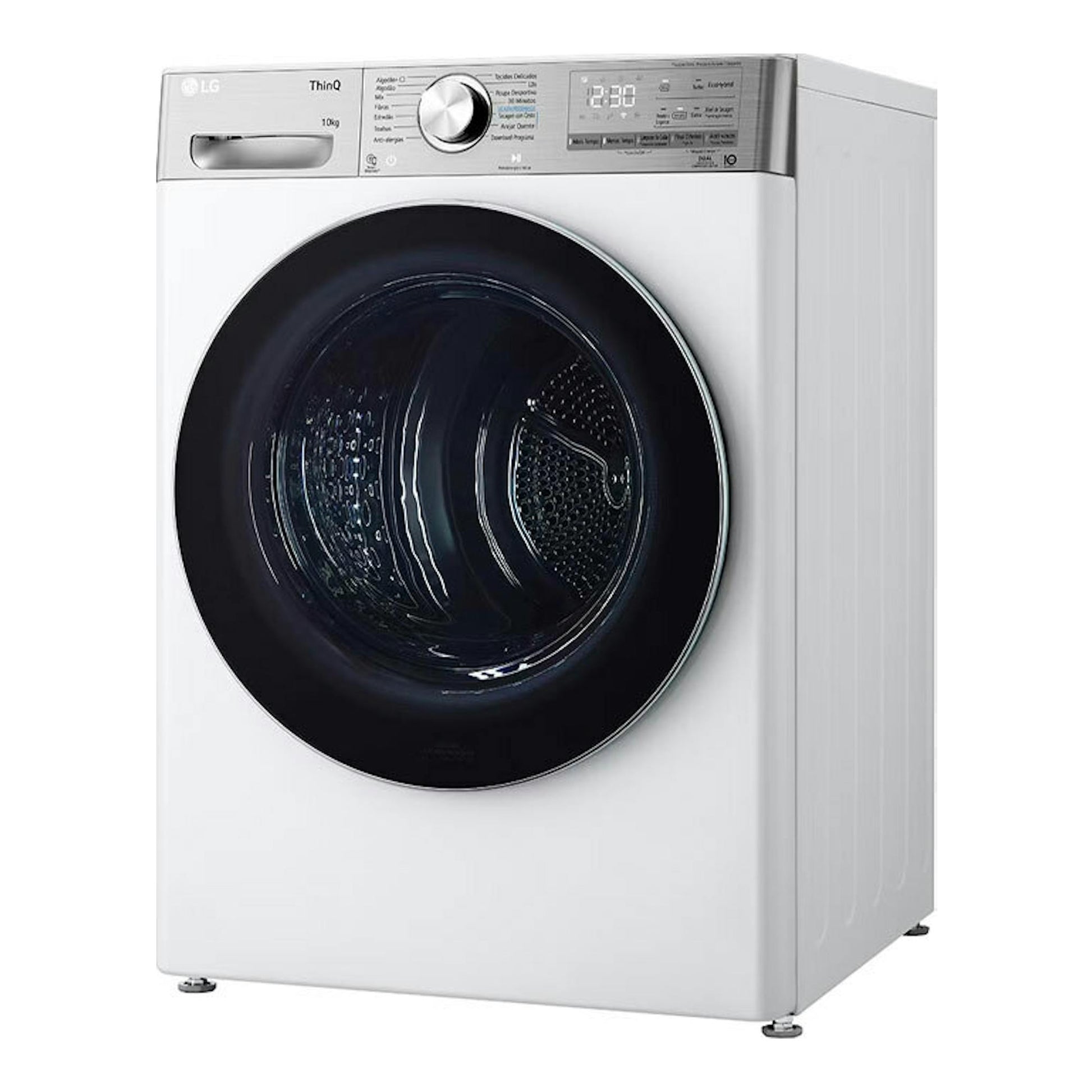 Secadora LG RH10V9AV2WR blanca, vista frontal en ángulo, con puerta circular negra y panel superior.