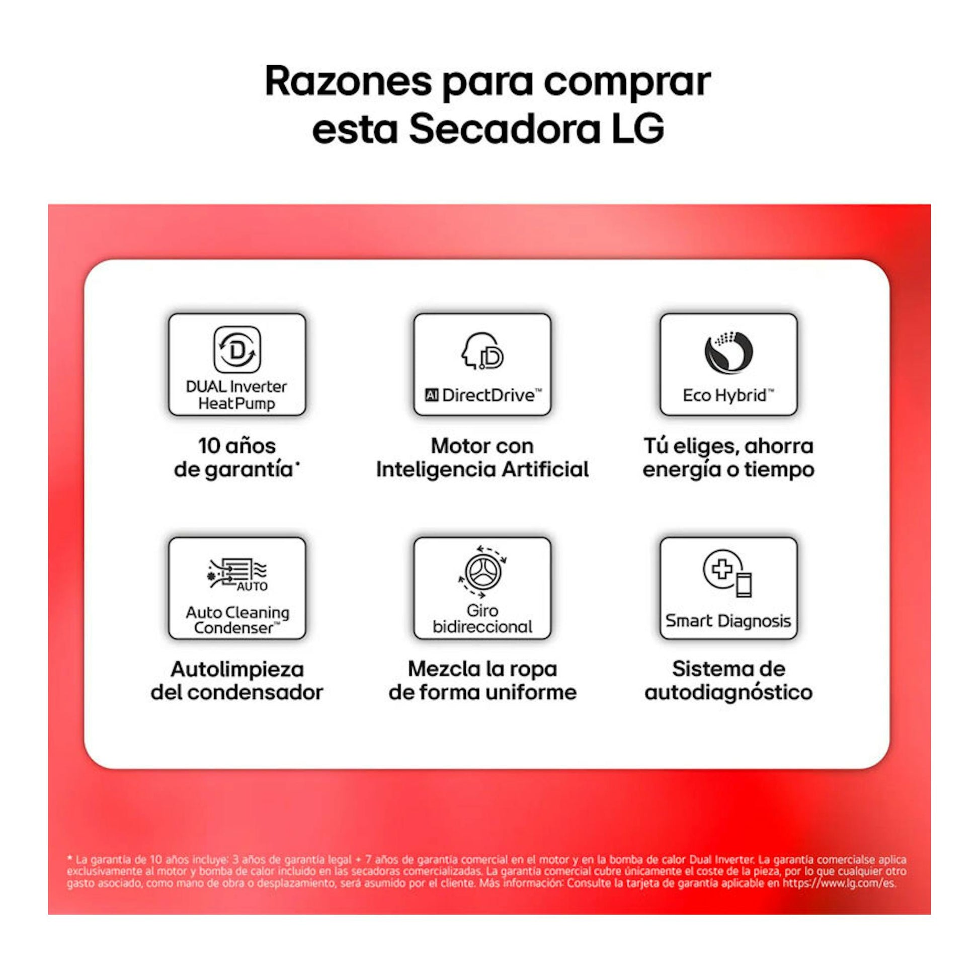Infografía de la secadora LG RH18U8AVCW, fondo rojo y blanco, con iconos de funciones y textos de garantía y diagnóstico.